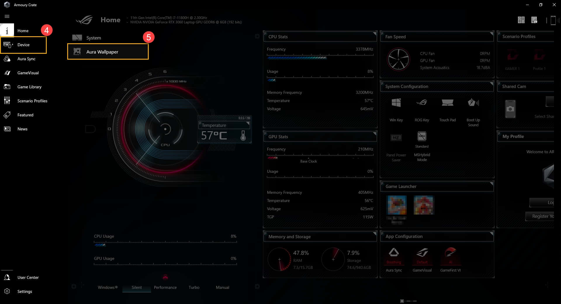Asus TUF, ROG Armory Crate, CPU GPU stats, Full HD Desktop Wallpaper