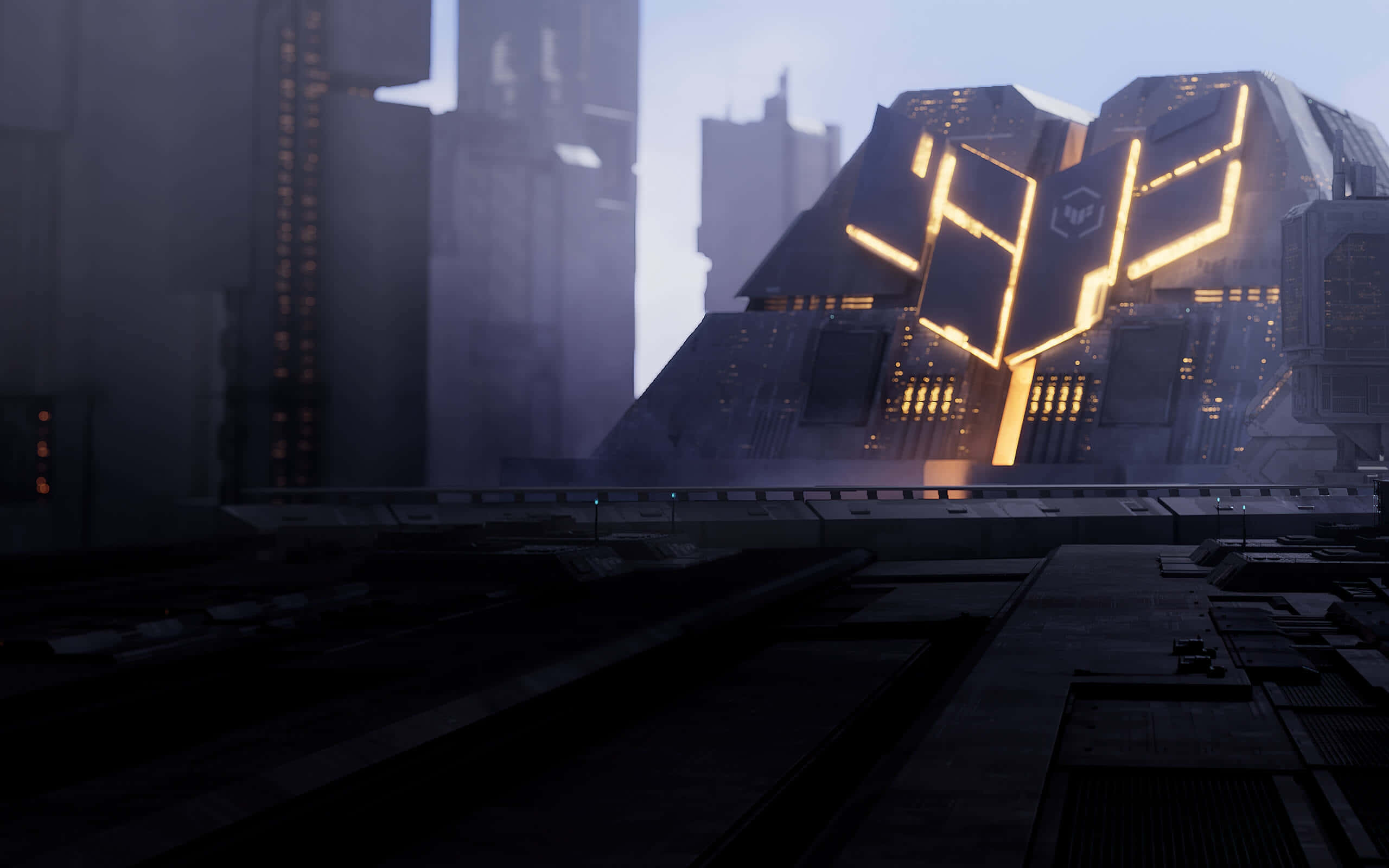 Asus TUF, futuristic cityscape, dawn, 2K Desktop Wallpaper