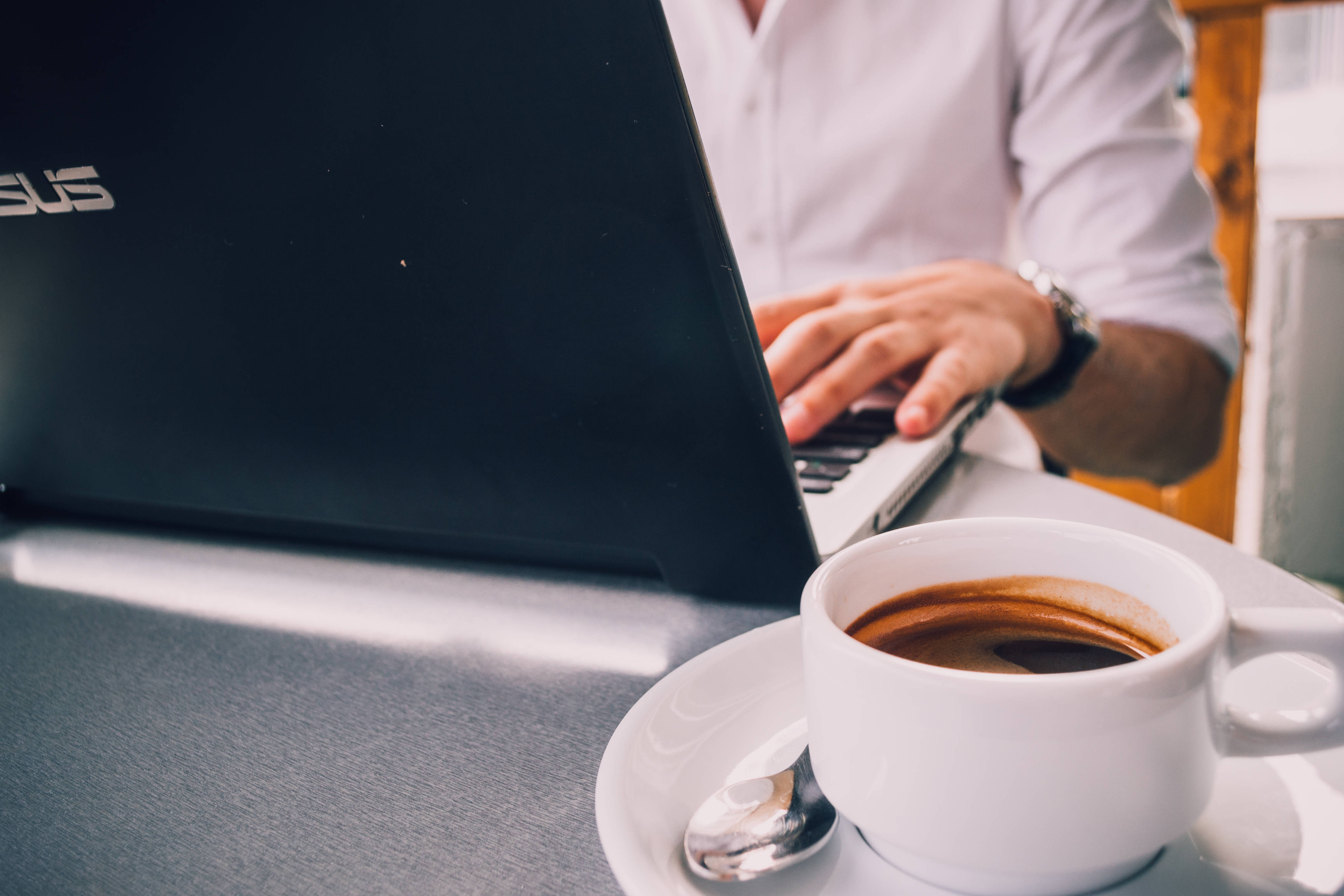 Asus laptop, black laptop, white cup of espresso, 4K Desktop Wallpaper