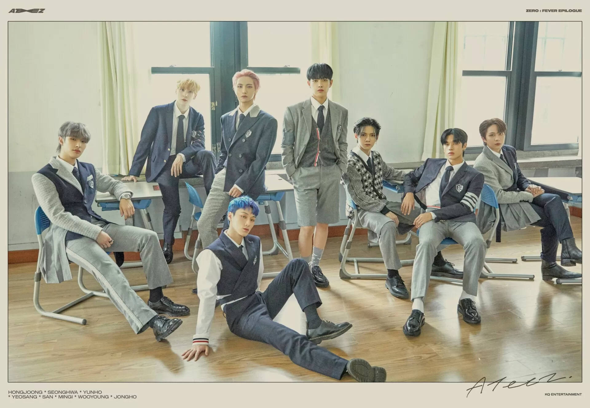 ATEEZ, school uniforms, sunlit classroom, Full HD Desktop Wallpaper