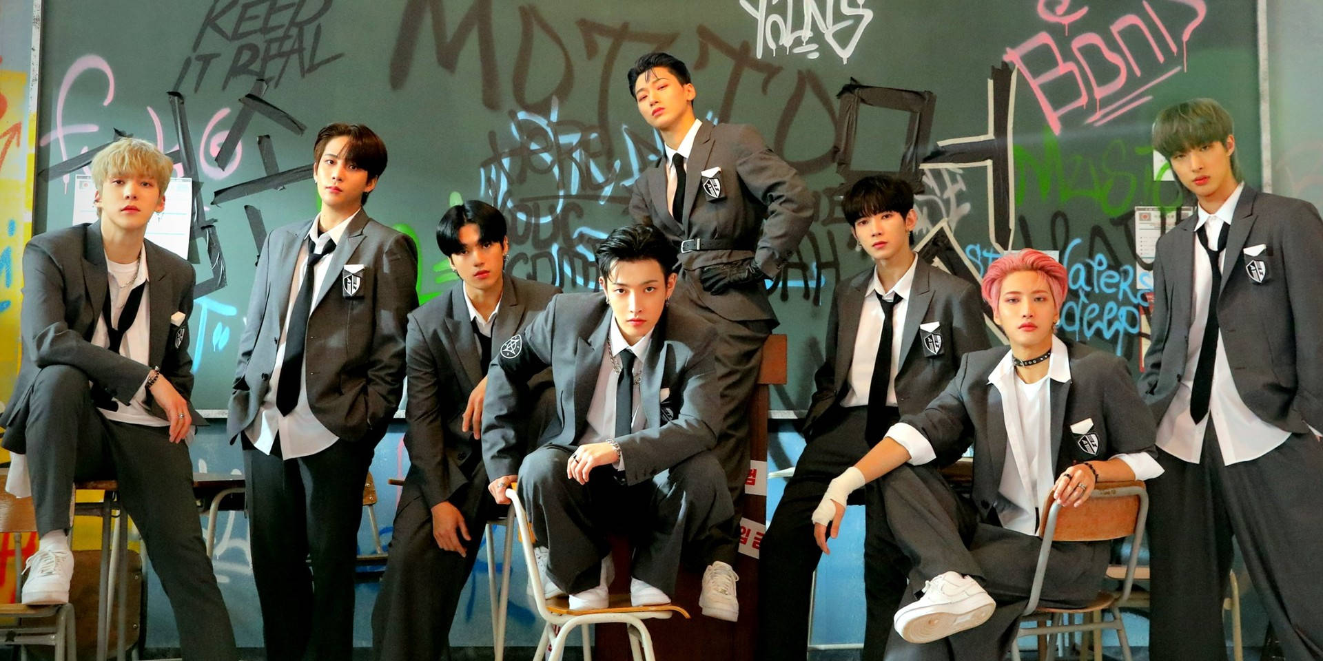ATEEZ, high school, gray suits, Full HD Desktop Wallpaper