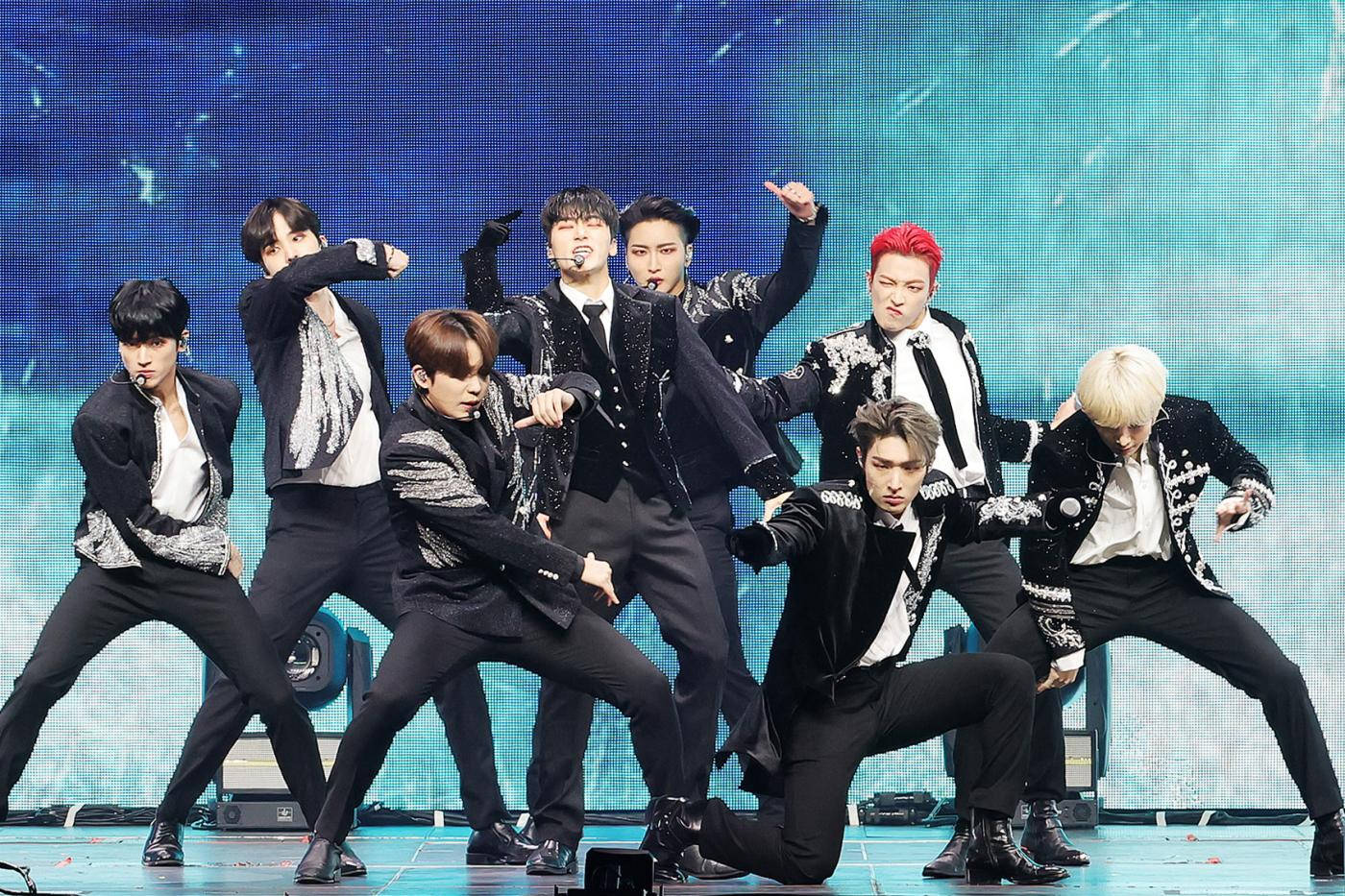 ATEEZ, black sequined jackets, blue digital backdrop, HD Desktop Wallpaper