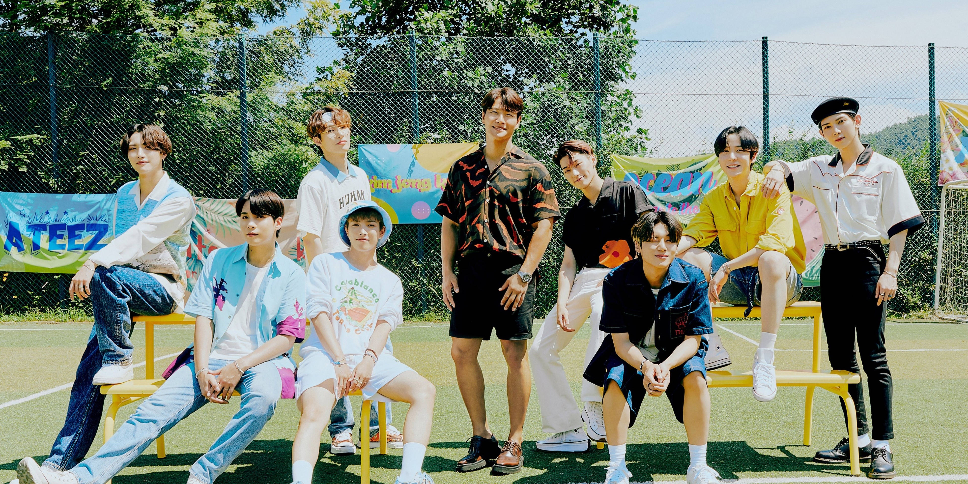 ATEEZ, soccer field, yellow benches, 4K Desktop Wallpaper