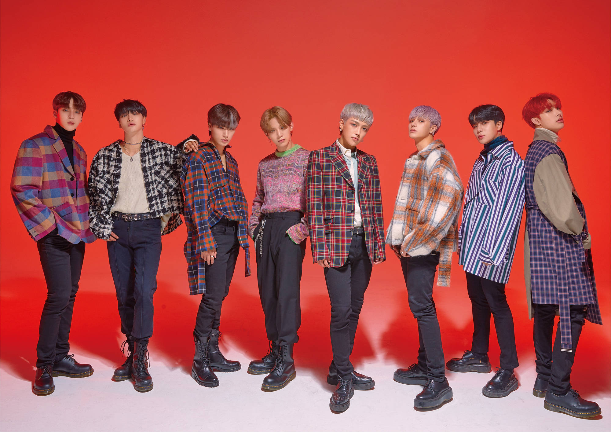 ATEEZ, red studio backdrop, colorful plaid jackets, Full HD Desktop Wallpaper