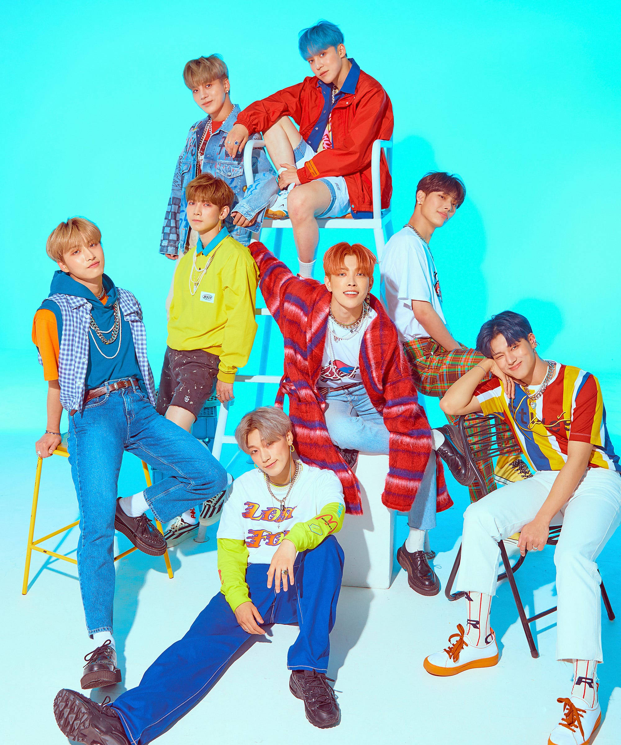 ATEEZ, bright cyan studio backdrop, colorful retro outfits, Full HD Phone Wallpaper