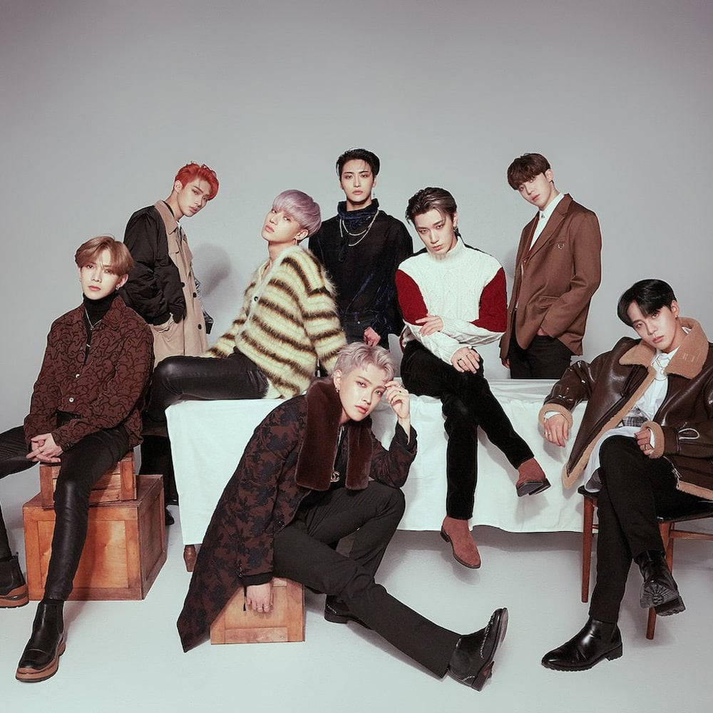 ATEEZ, colorful hair, wooden crates, SD Desktop Wallpaper