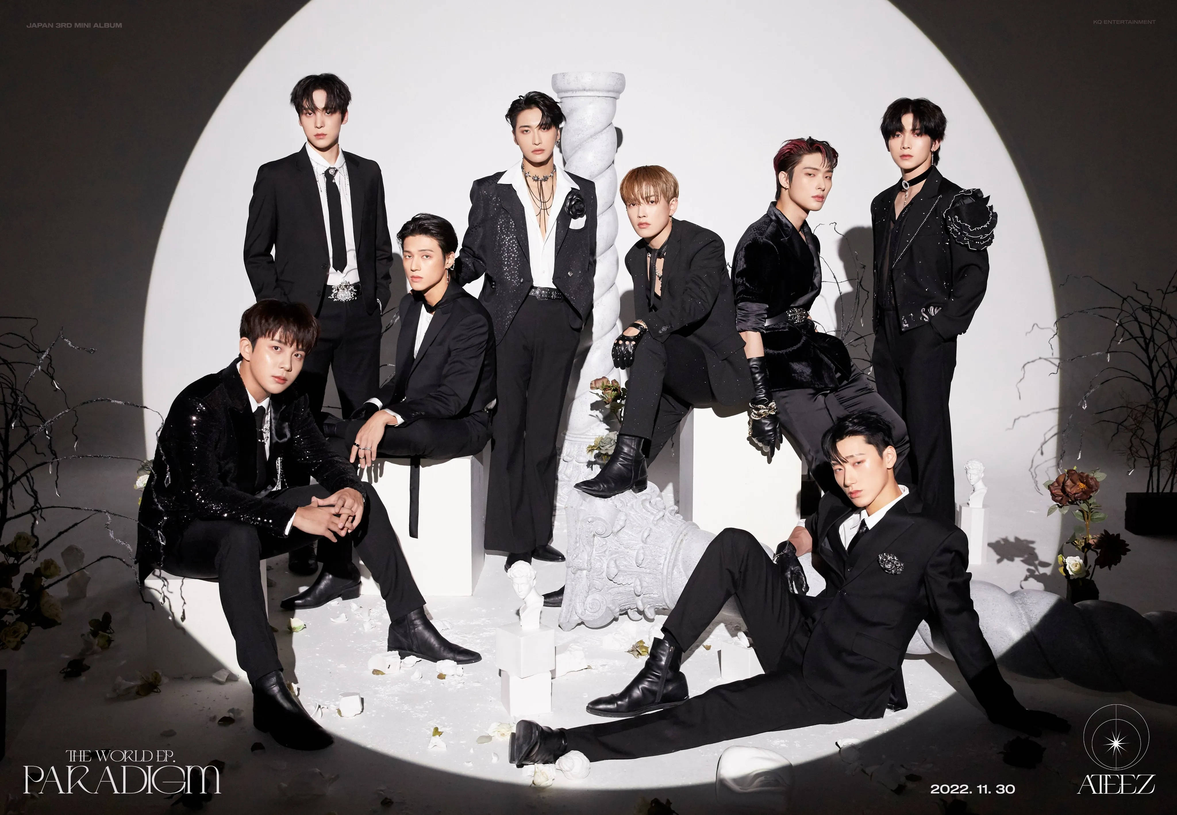 ATEEZ, black suits, circular white arch, 4K Desktop Wallpaper