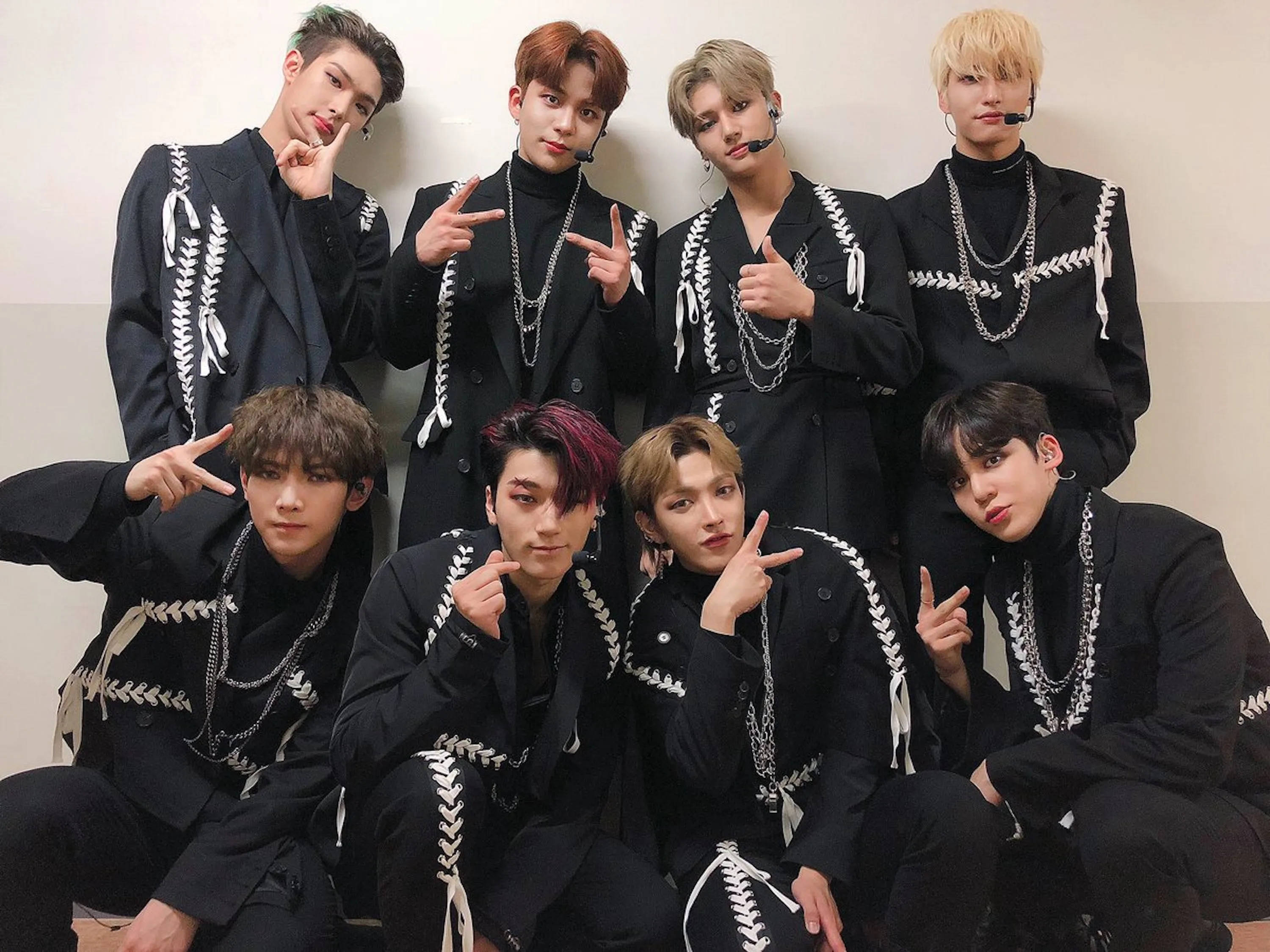 ATEEZ, black outfits, white lace detailing, 2K Desktop Wallpaper