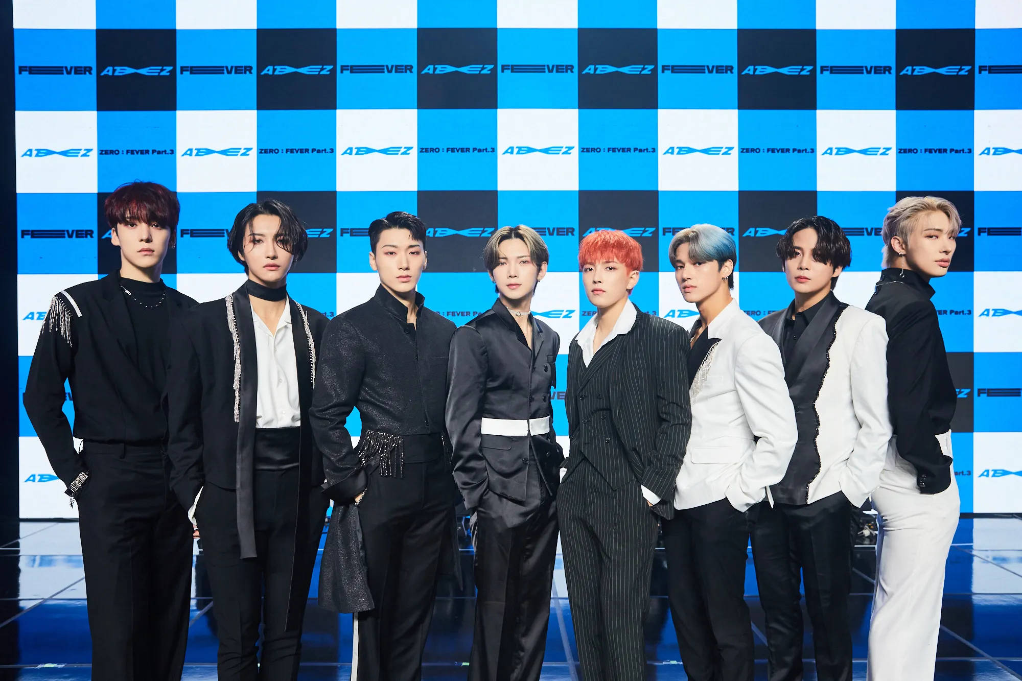 ATEEZ, black and white suits, blue checkered backdrop, Full HD Desktop Wallpaper