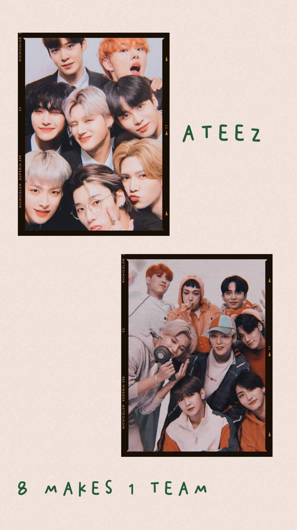 ATEEZ, polaroid-style photos, vibrant hair colors, Full HD Phone Wallpaper