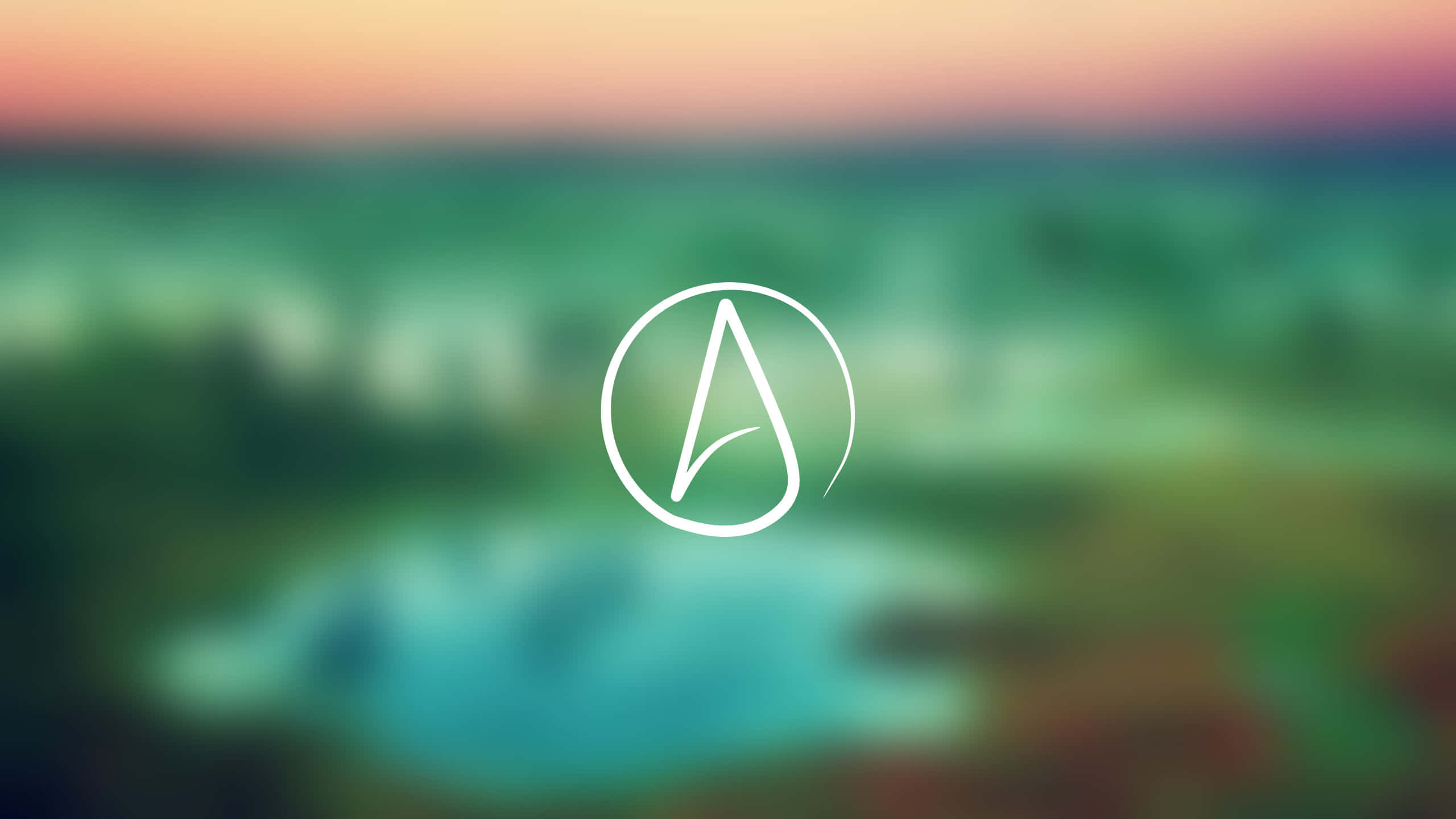 Atheist, white logo, blurred sunset landscape, 2K Desktop Wallpaper