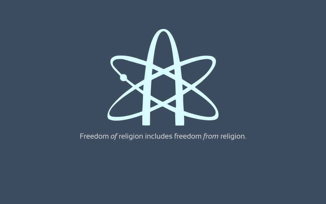 Atheism, light blue atom symbol, dark blue background, SD Desktop Wallpaper
