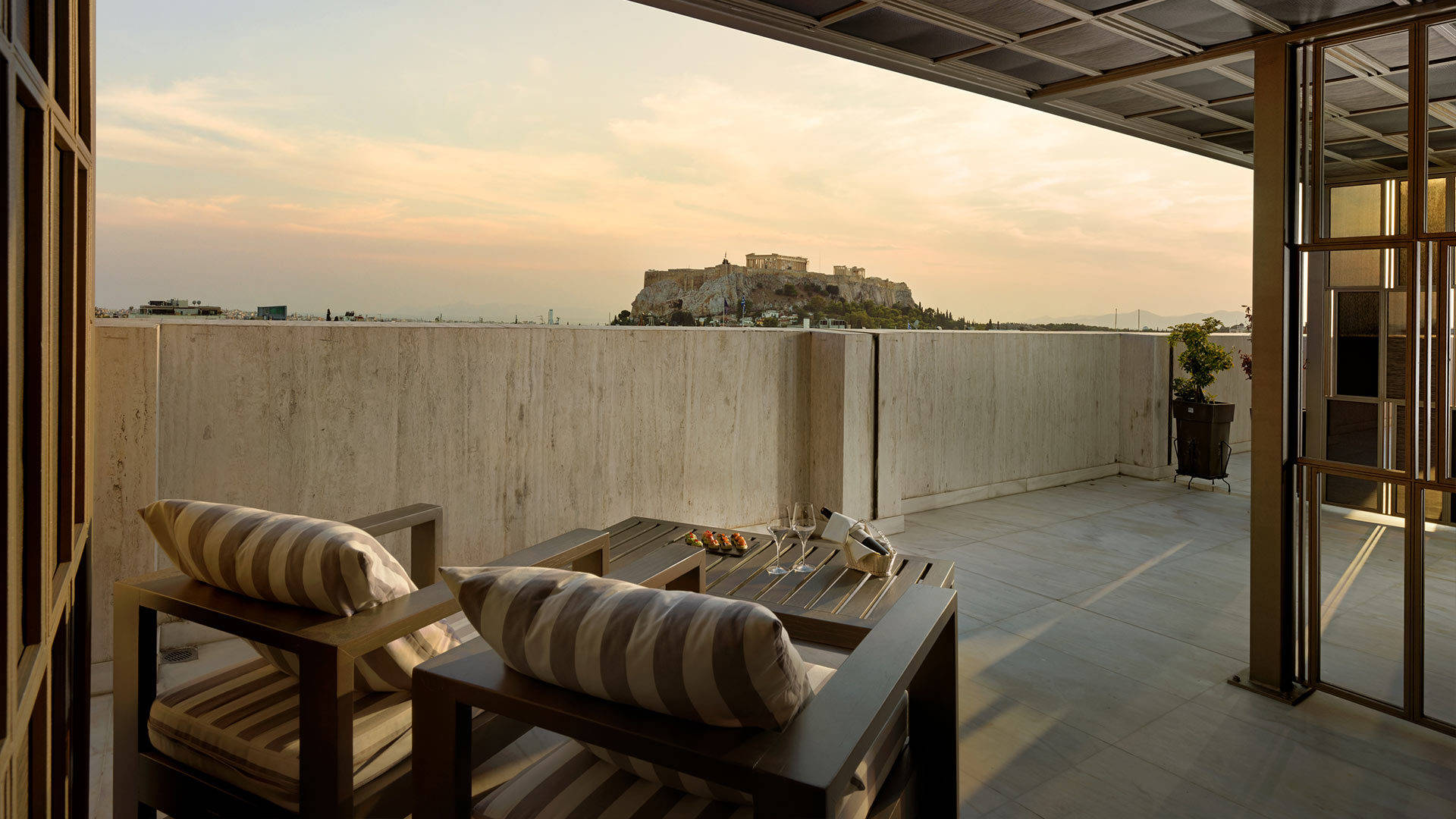 Athens, rooftop terrace, sunset, Full HD Desktop Wallpaper