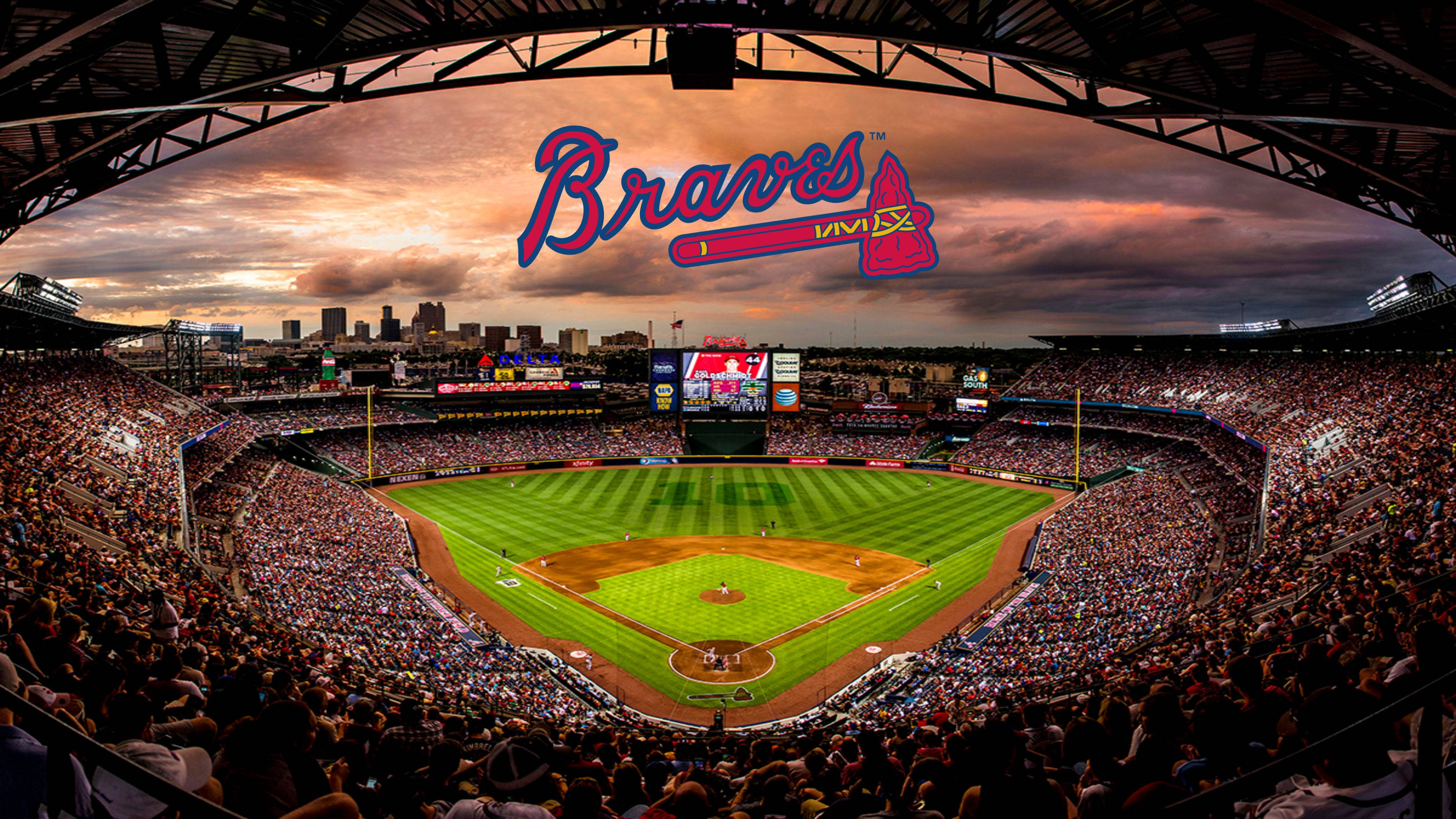 Atlanta Braves Stadium, Braves logo, sunset, 4K Desktop Wallpaper