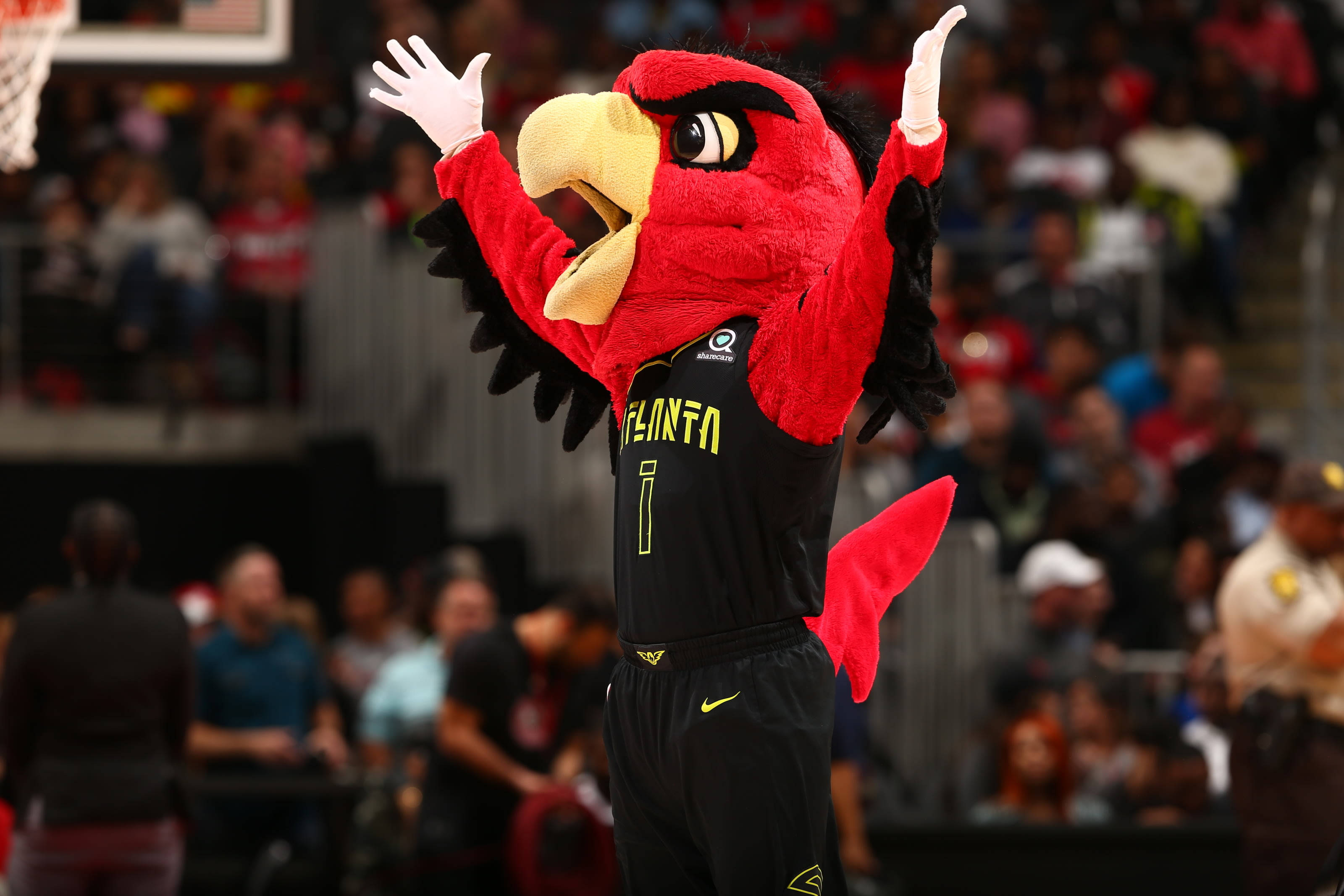 Atlanta Hawks, red falcon mascot, black Atlanta jersey, 2K Desktop Wallpaper