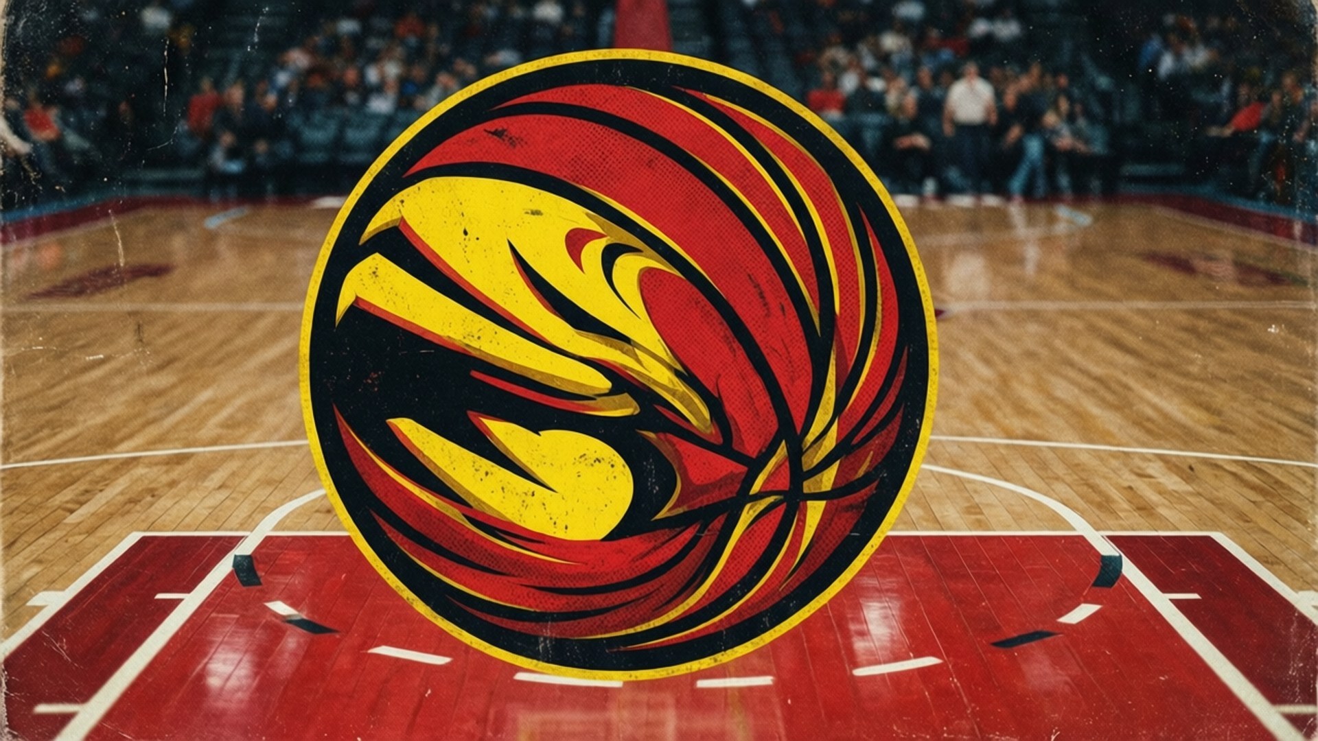 Atlanta Hawks, retro 90s logo, wooden court, Full HD Desktop Wallpaper