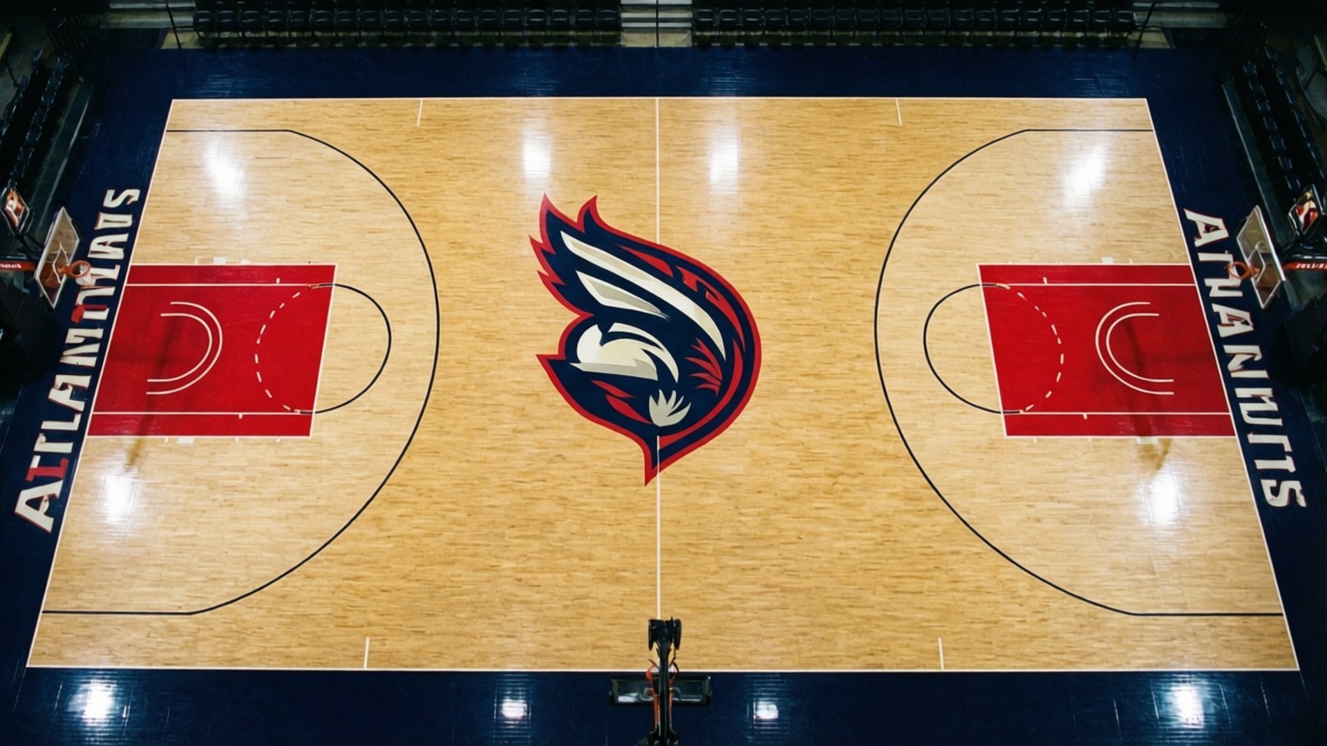 Atlanta Hawks, center court logo, polished wood floor, Full HD Desktop Wallpaper