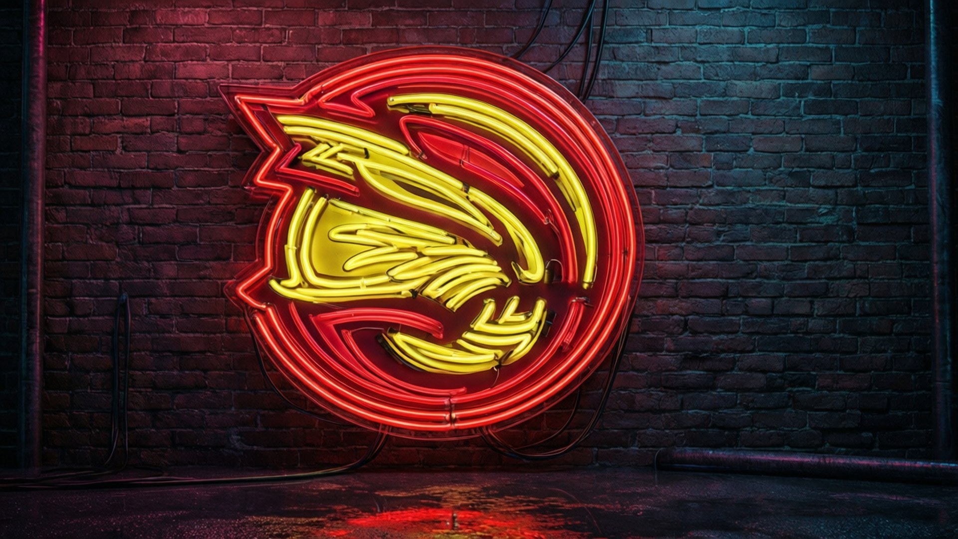 neon Atlanta Hawks logo, glowing red and yellow neon, dark brick wall, Full HD Desktop Wallpaper