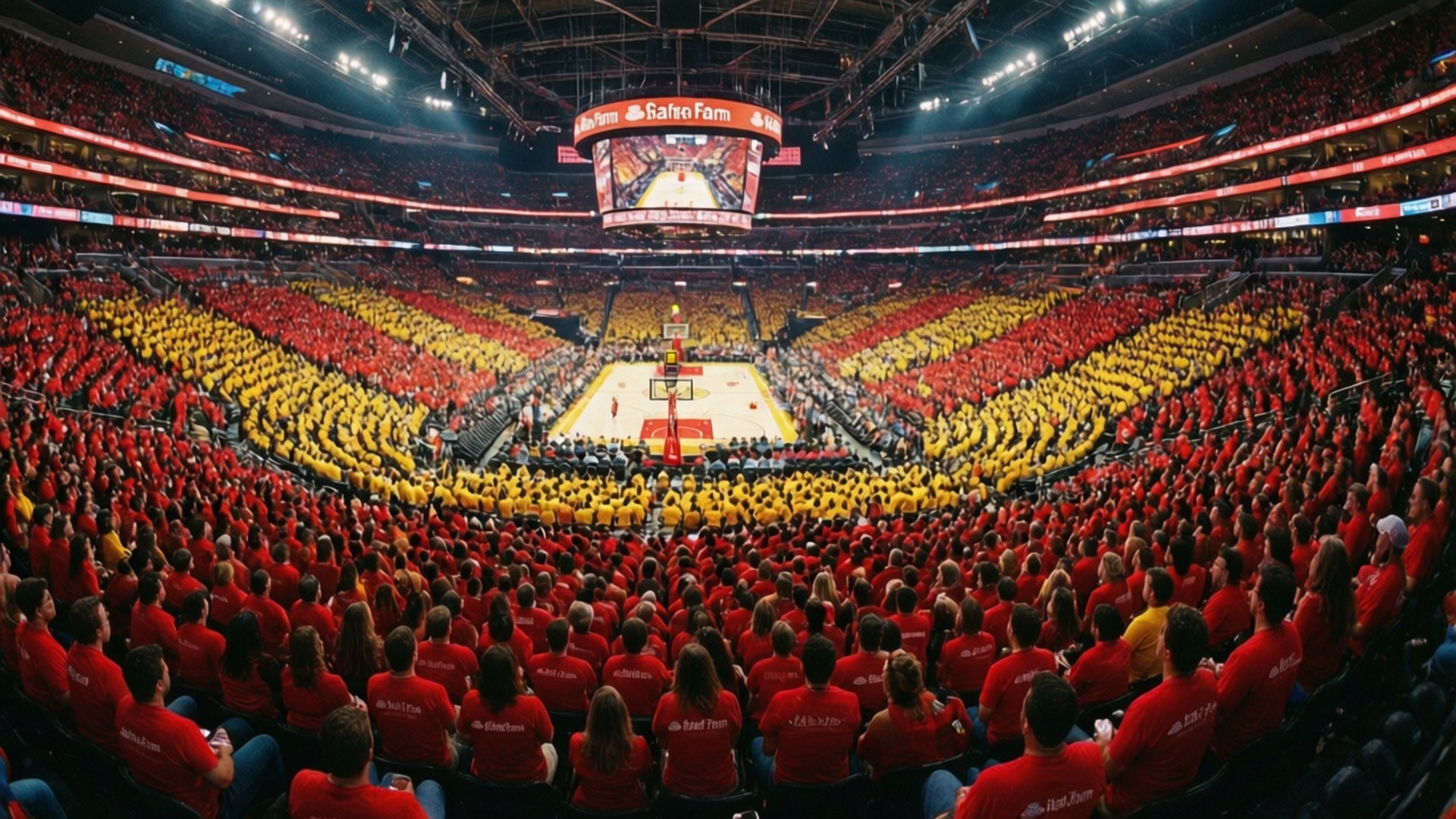Atlanta Hawks, red and yellow shirts, packed basketball arena, Full HD Desktop Wallpaper