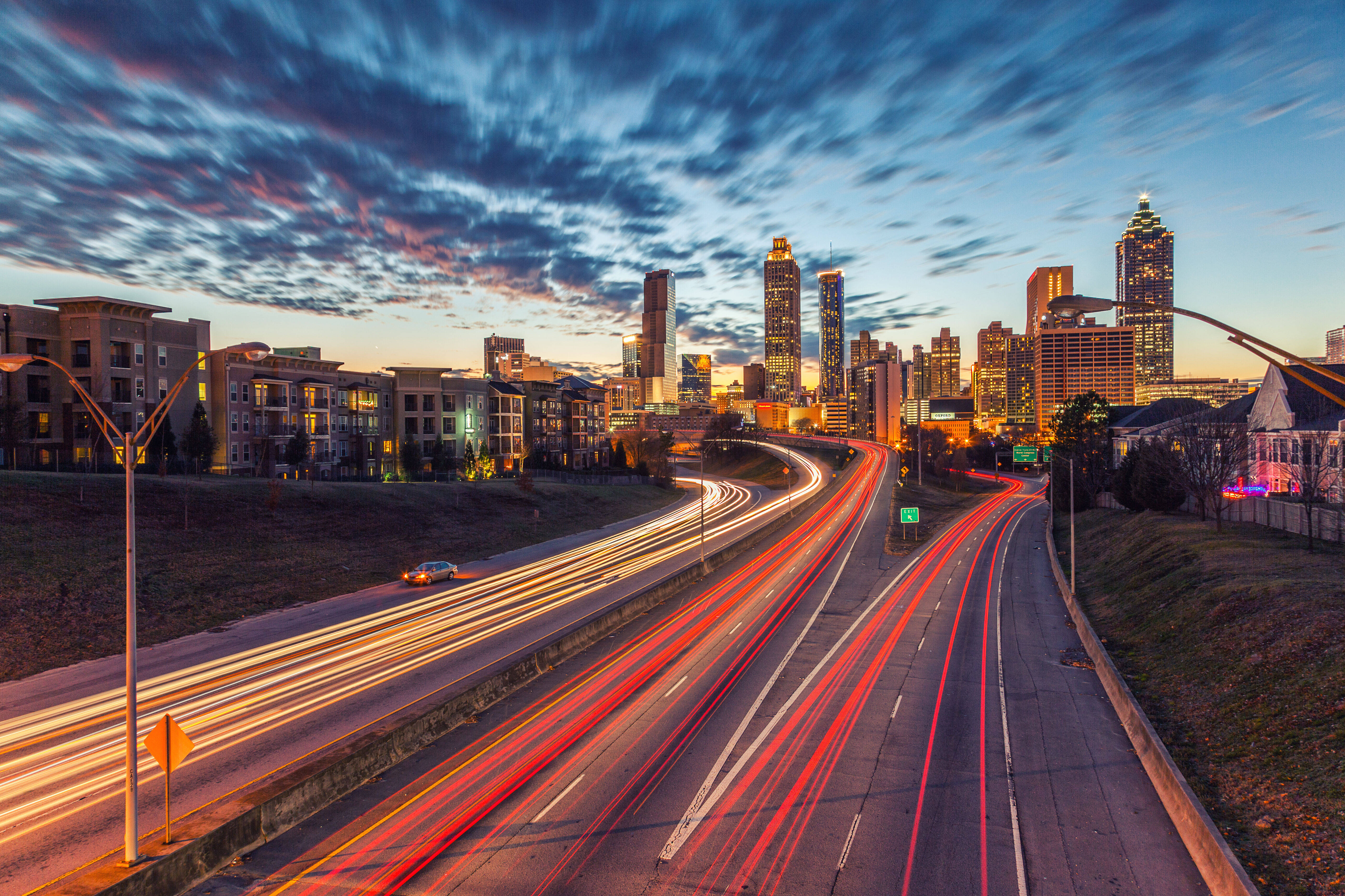 Atlanta Skyline, bright trails, dusk, 5K Desktop Wallpaper