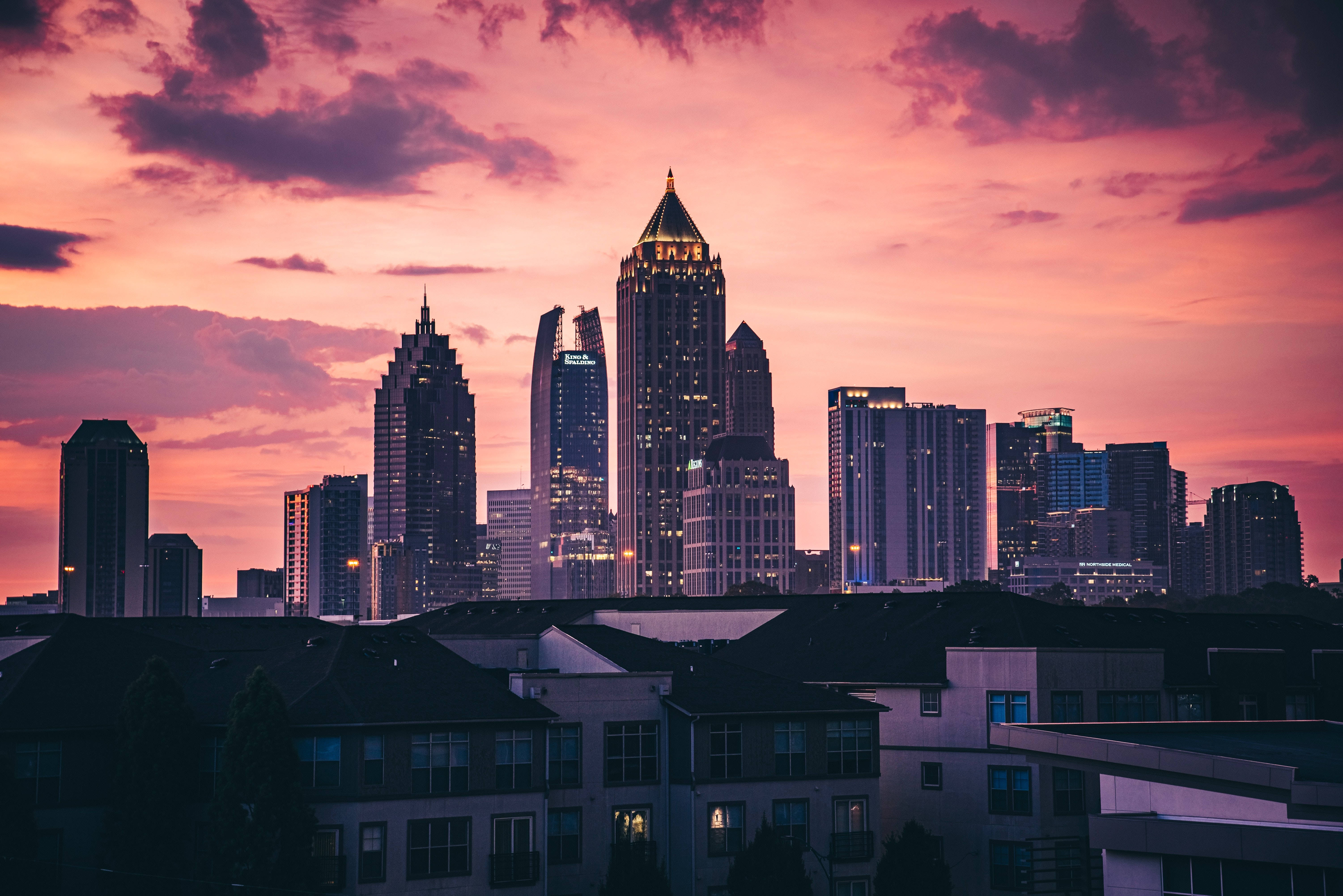 Atlanta Skyline, pink sky, sunset, 5K Desktop Wallpaper
