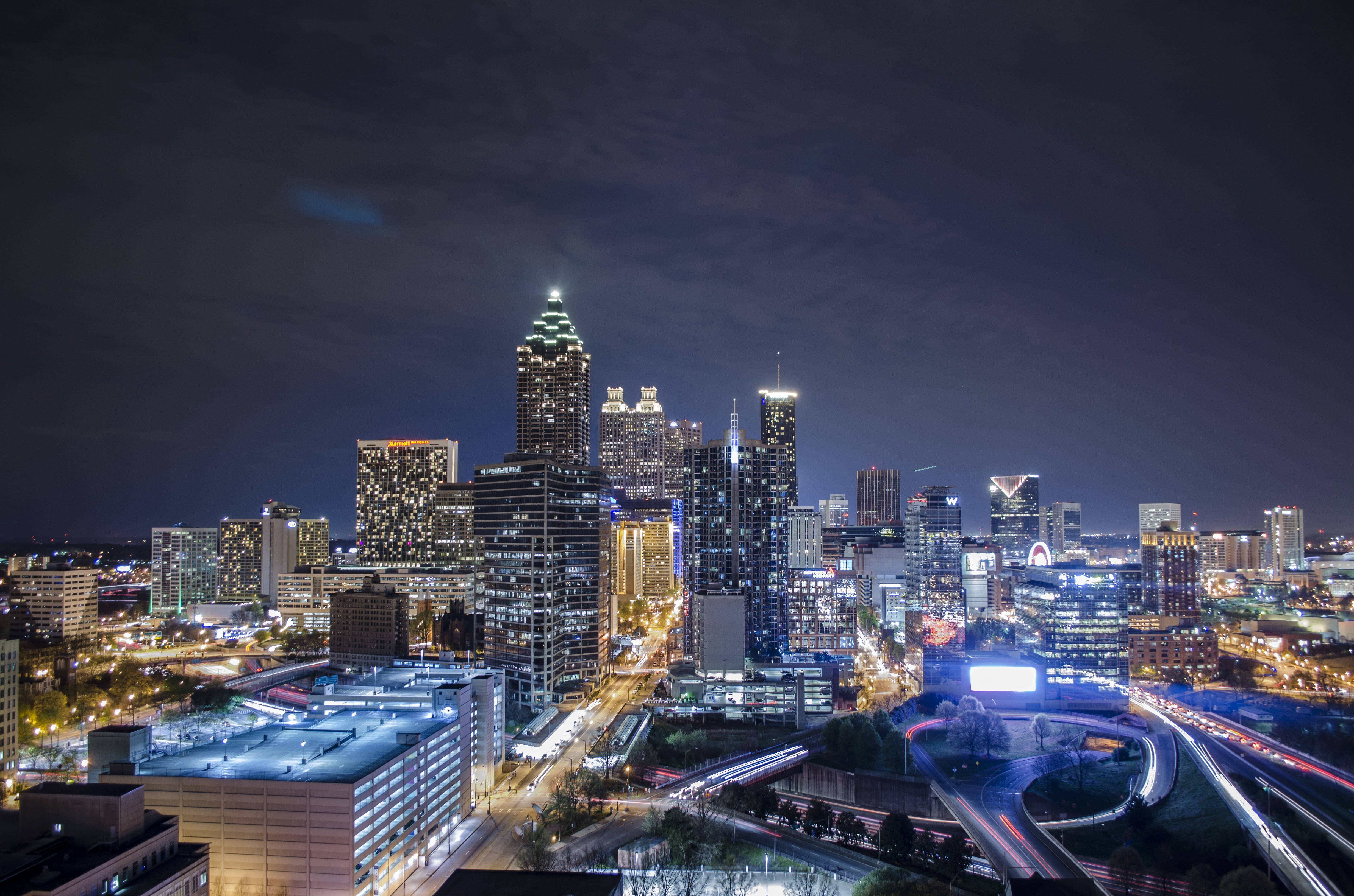 Atlanta Skyline, white trail lights, nighttime cityscape, 4K Desktop Wallpaper