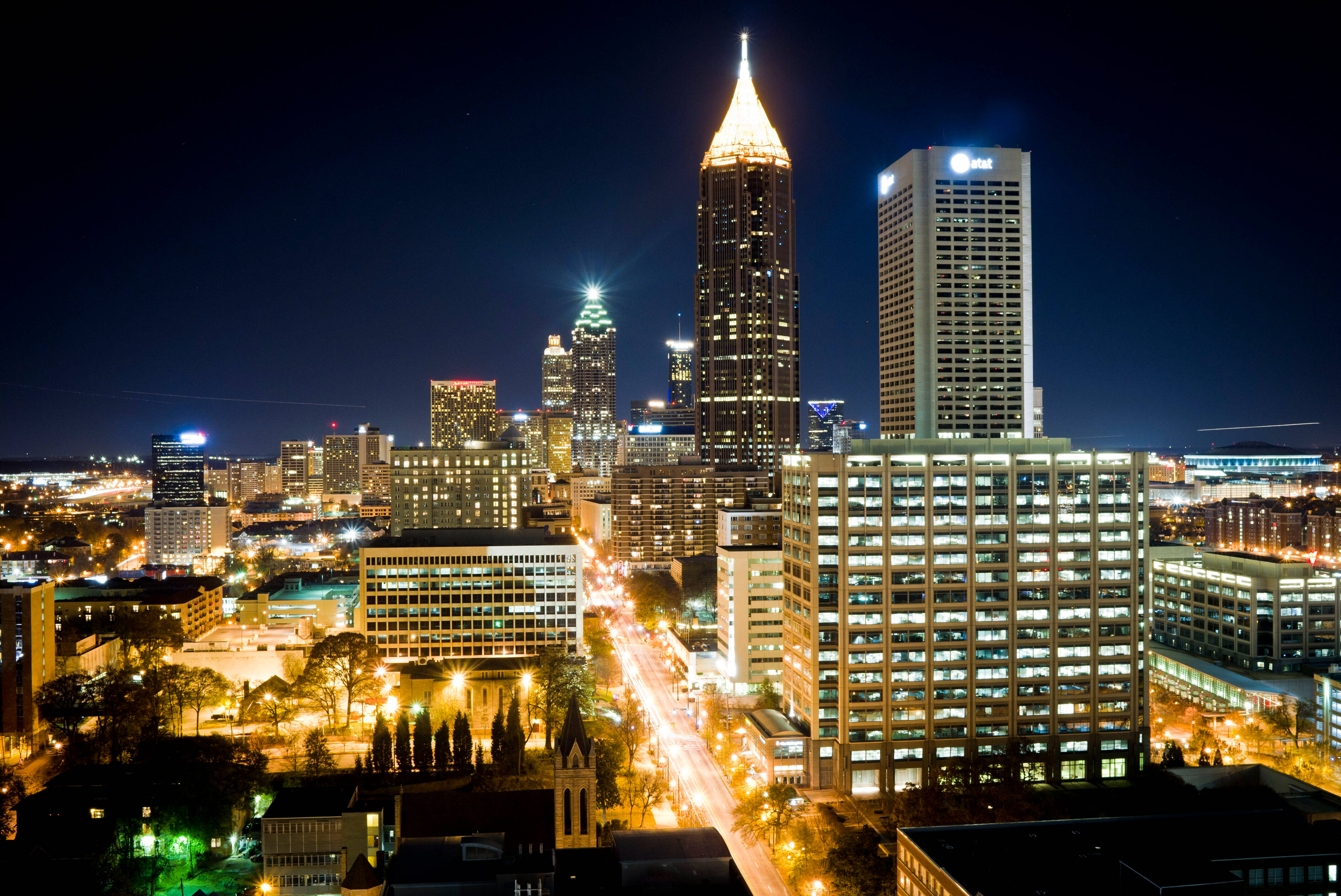 Atlanta Skyline, nighttime cityscape, illuminated skyscrapers, 4K Desktop Wallpaper