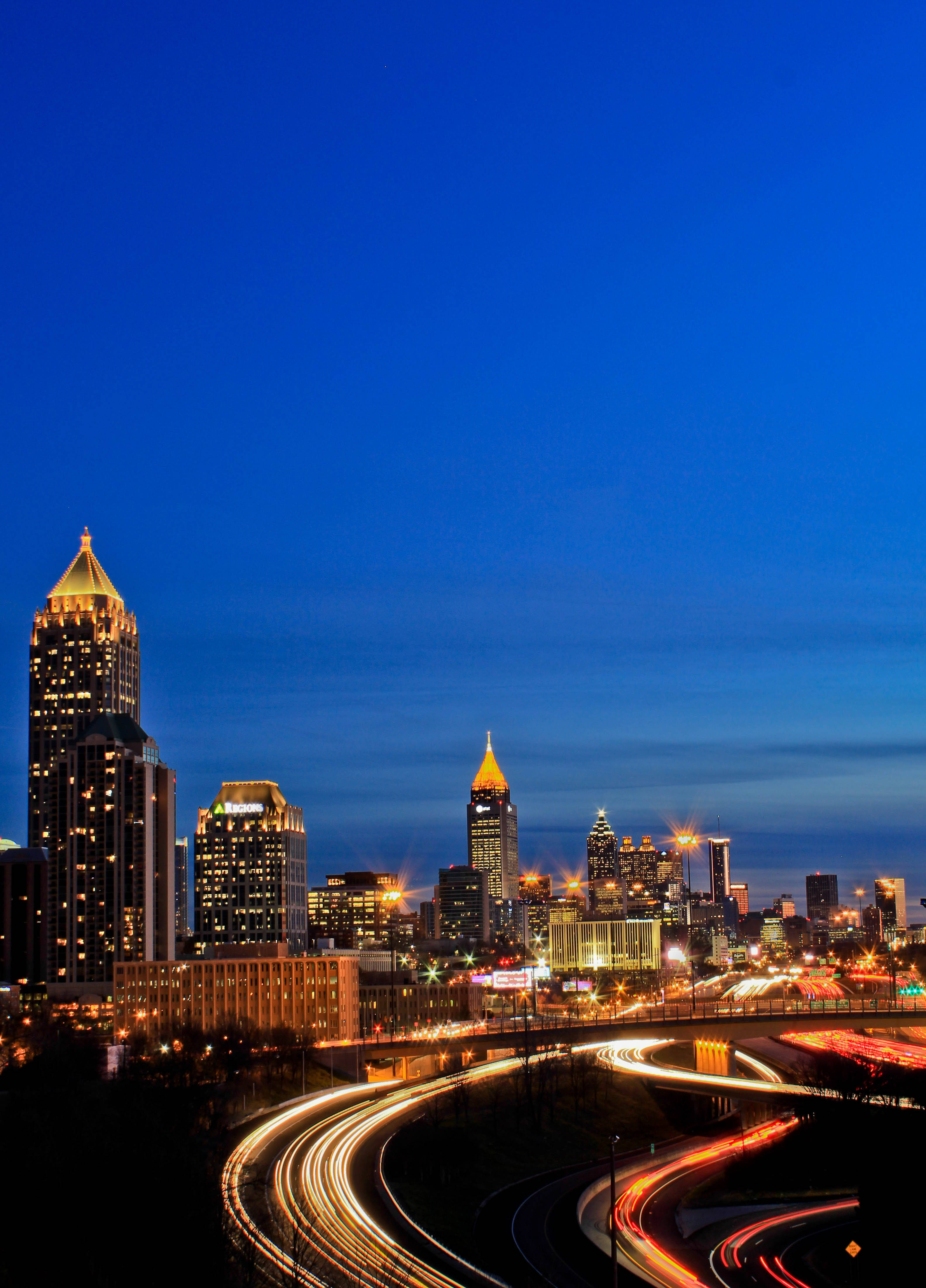 Atlanta Skyline, yellow trails, dusk, 4K Phone Wallpaper
