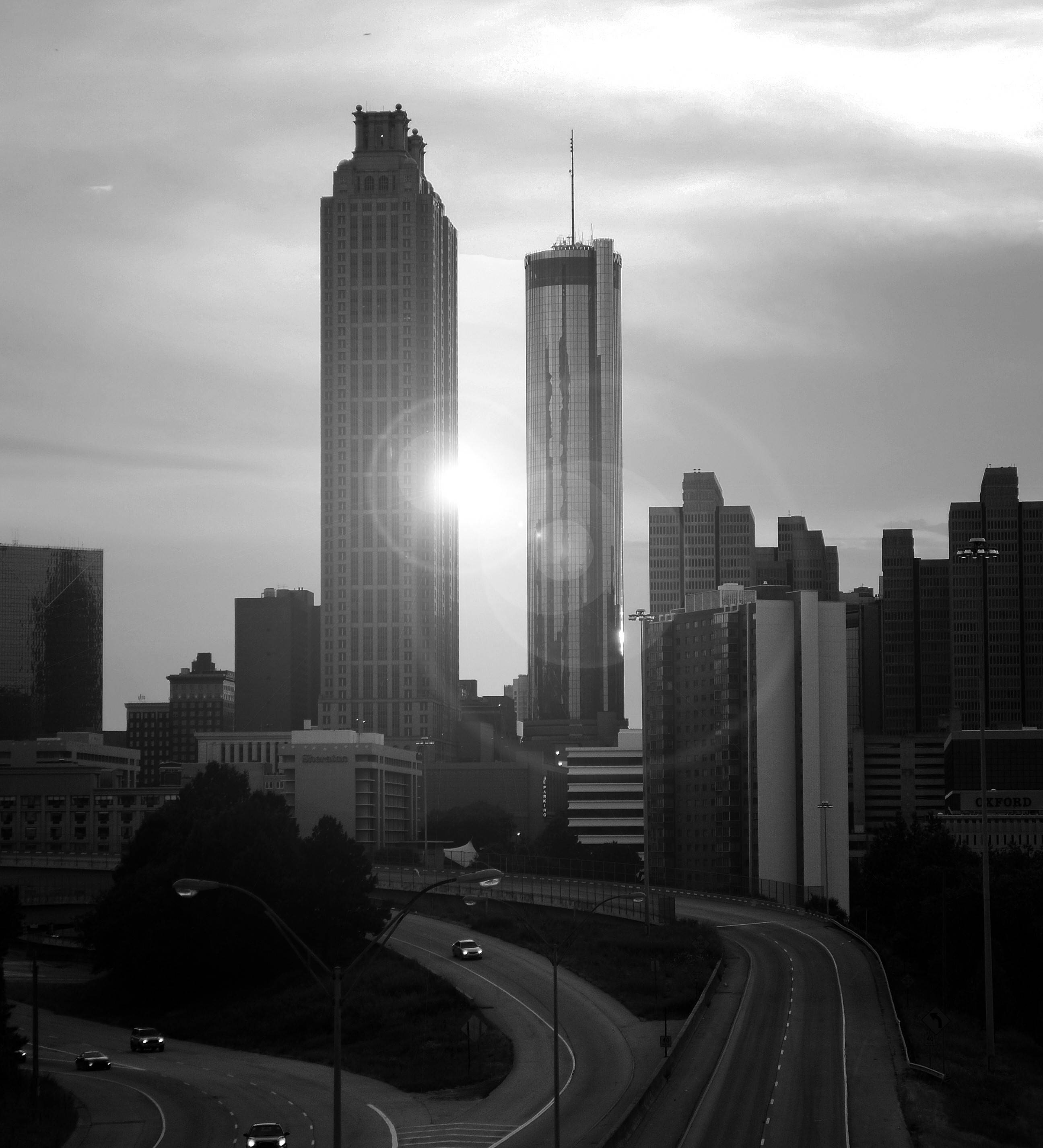 Atlanta Skyline, sunrays, twin skyscrapers, 2K Phone Wallpaper