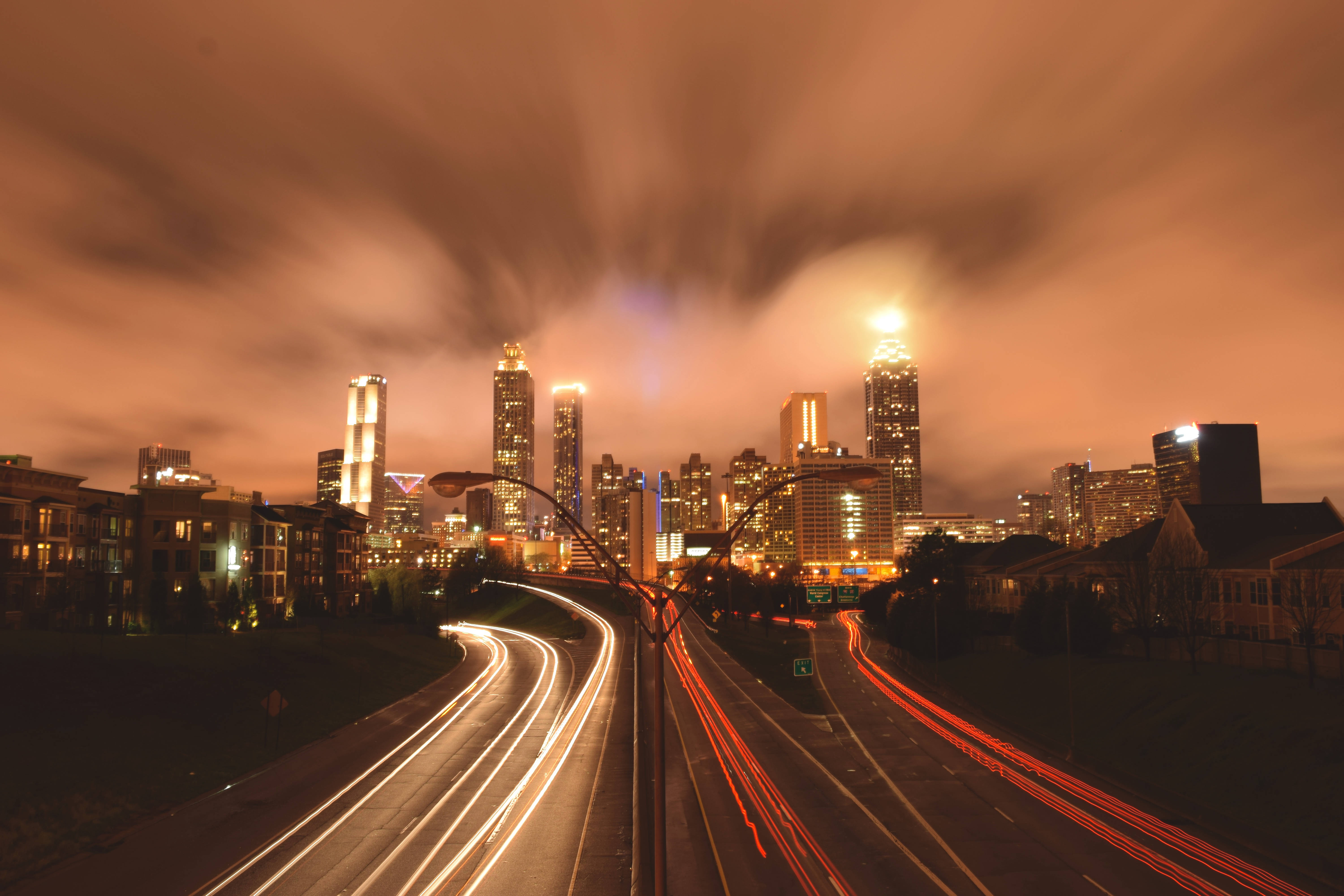 Atlanta Skyline, hazy sky, orange and gray night sky, 5K Desktop Wallpaper