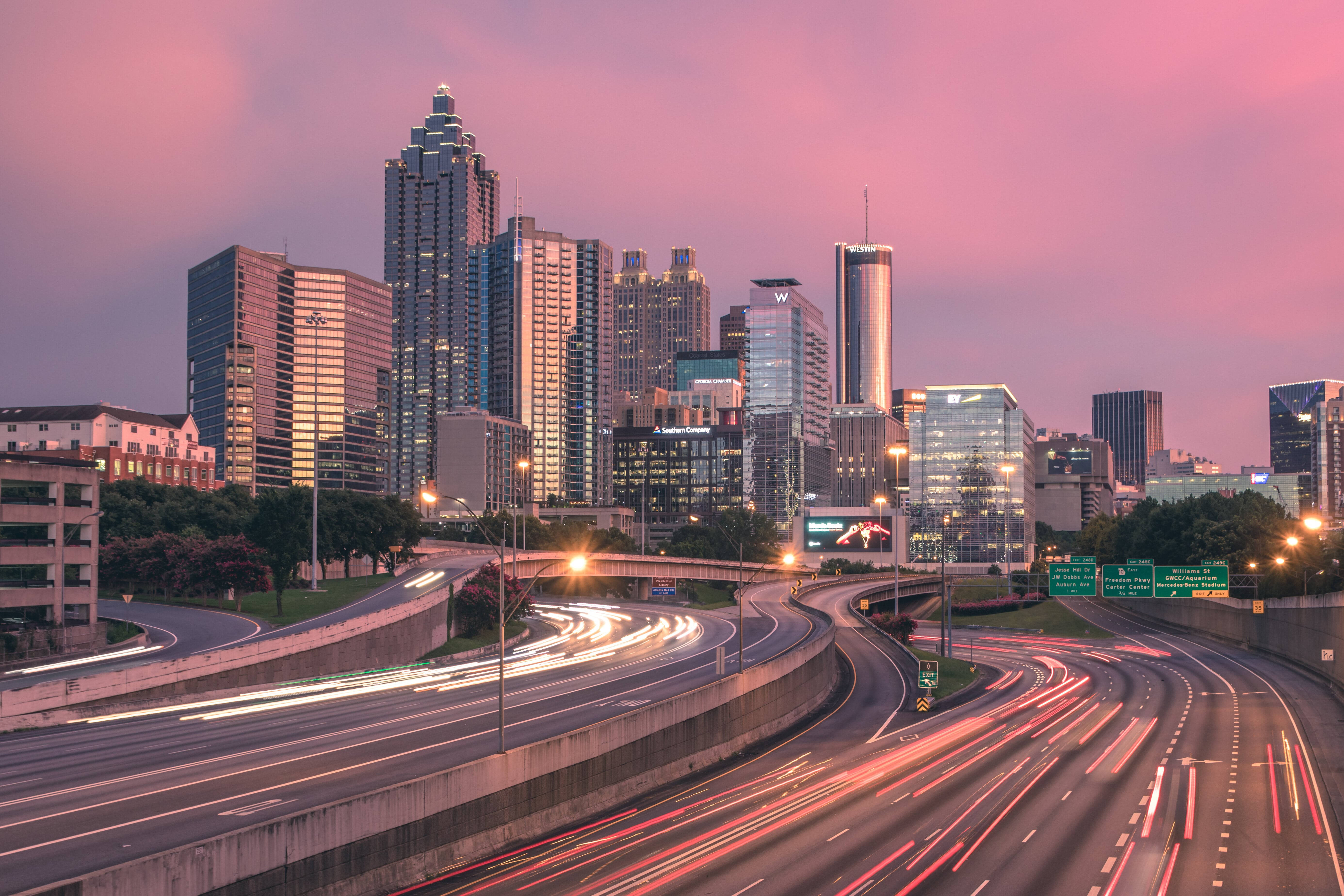 Atlanta Skyline, dusk, traffic light trails, 5K Desktop Wallpaper