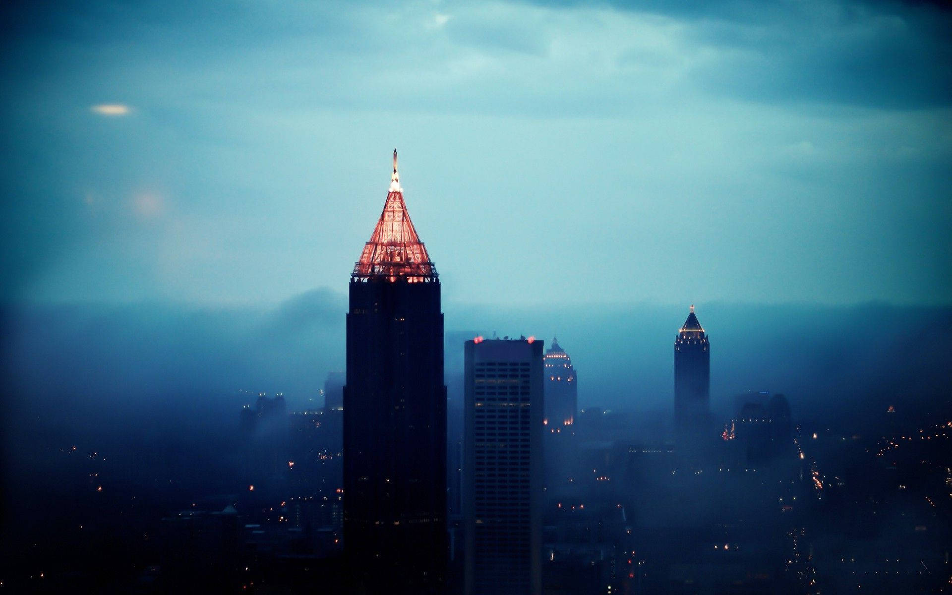 Atlanta Skyline, fog, dusk, Full HD Desktop Wallpaper