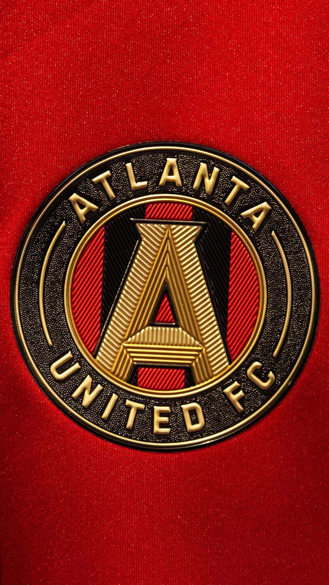 Atlanta United FC, gold and black crest, textured red fabric background, Full HD Phone Wallpaper