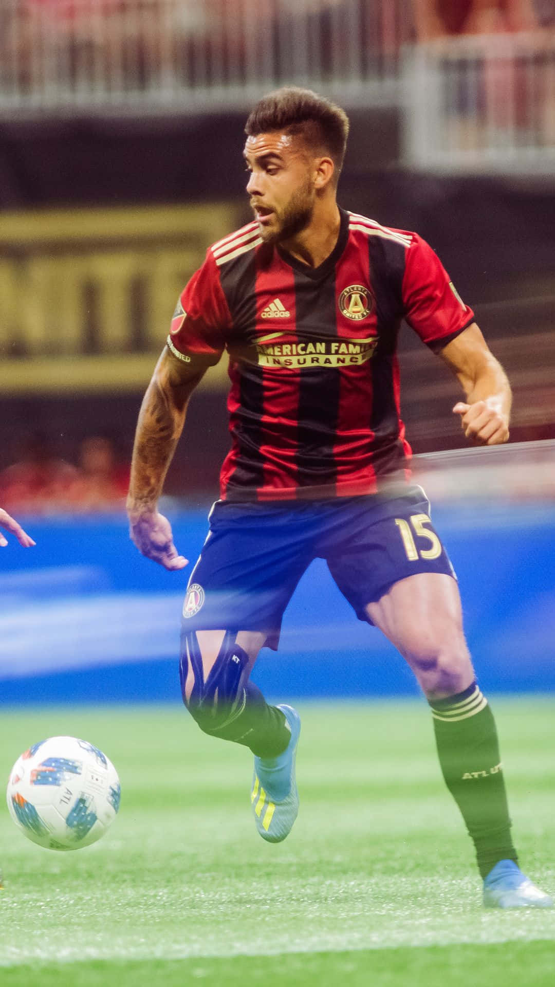 Atlanta United FC, red and black stripes, vibrant green field, Full HD Phone Wallpaper