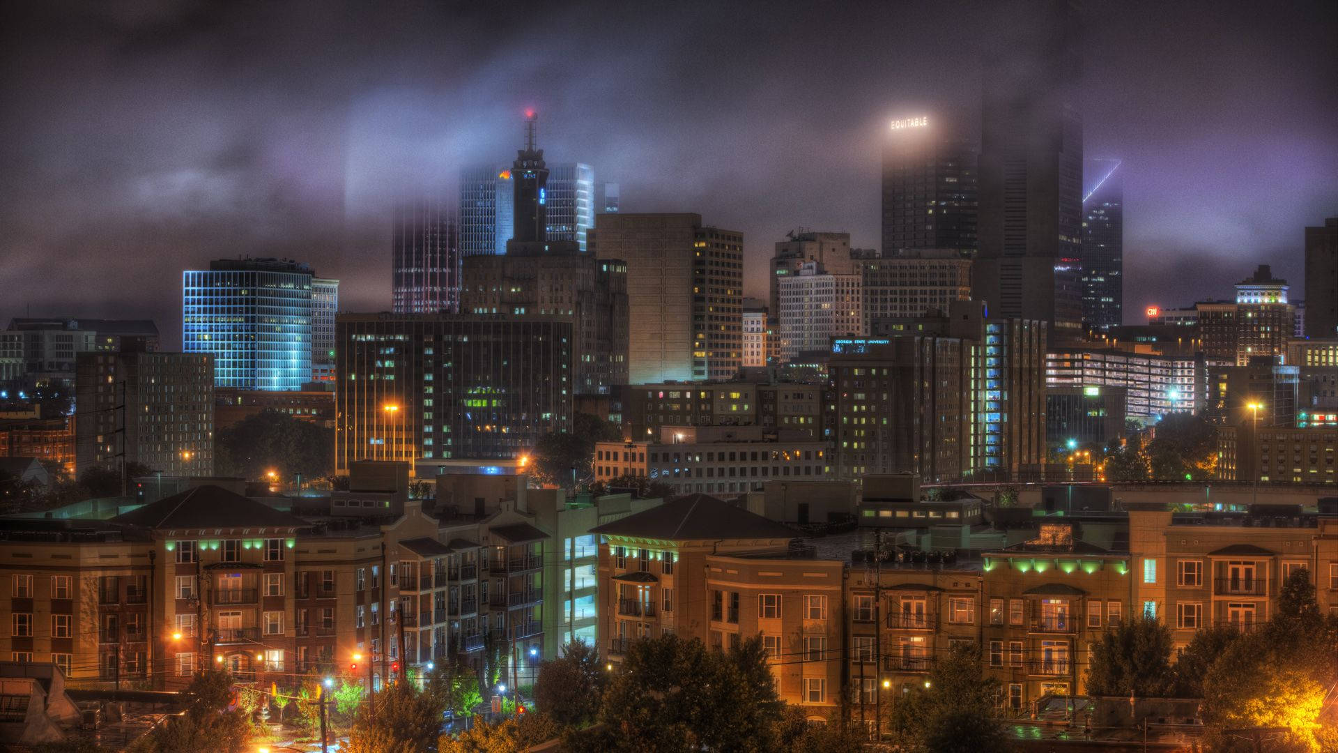 Atlanta, smoky scene, misty night cityscape, Full HD Desktop Wallpaper