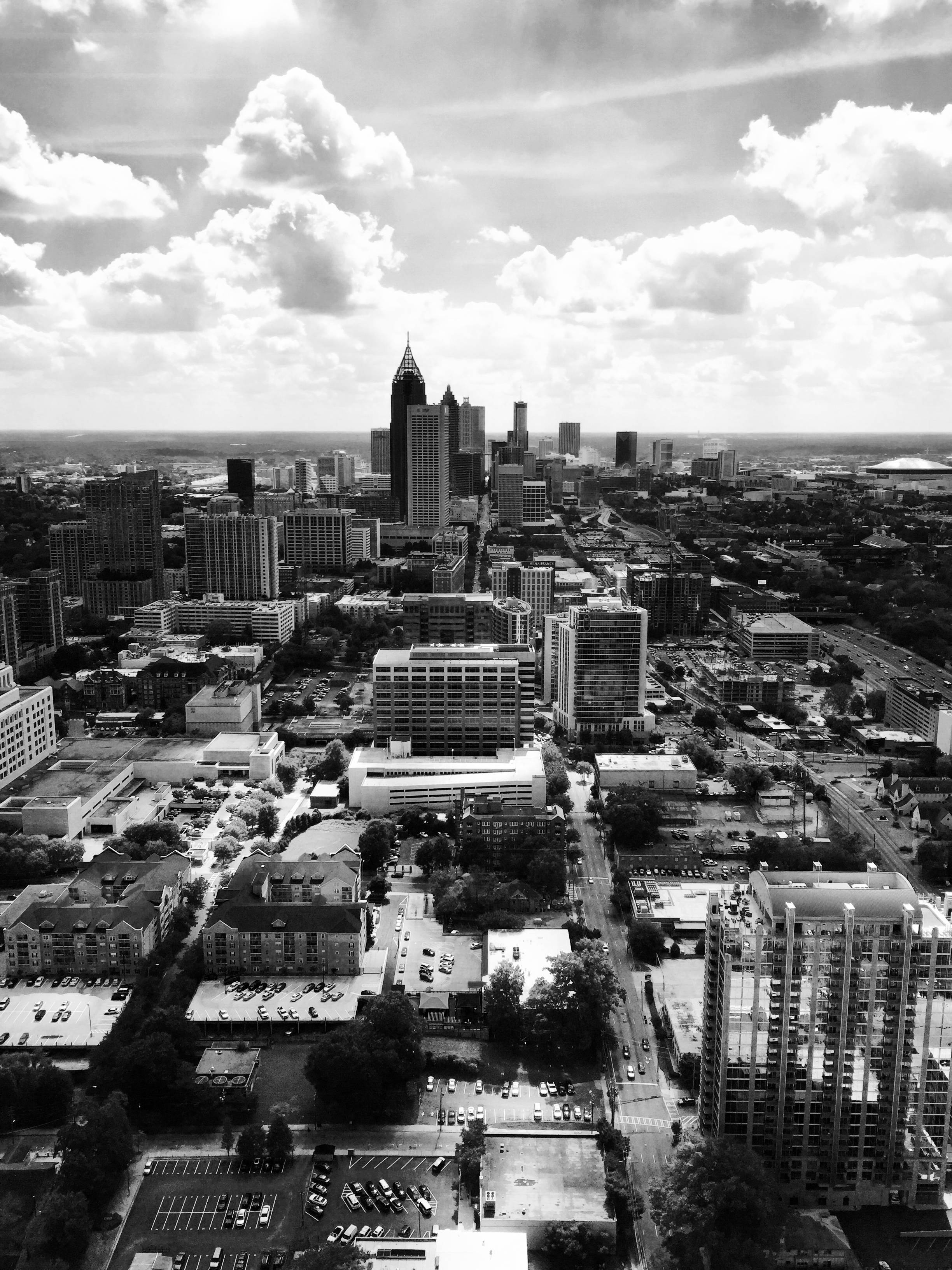 Atlanta skyline, aerial black and white view, skyscrapers, 2K Phone Wallpaper