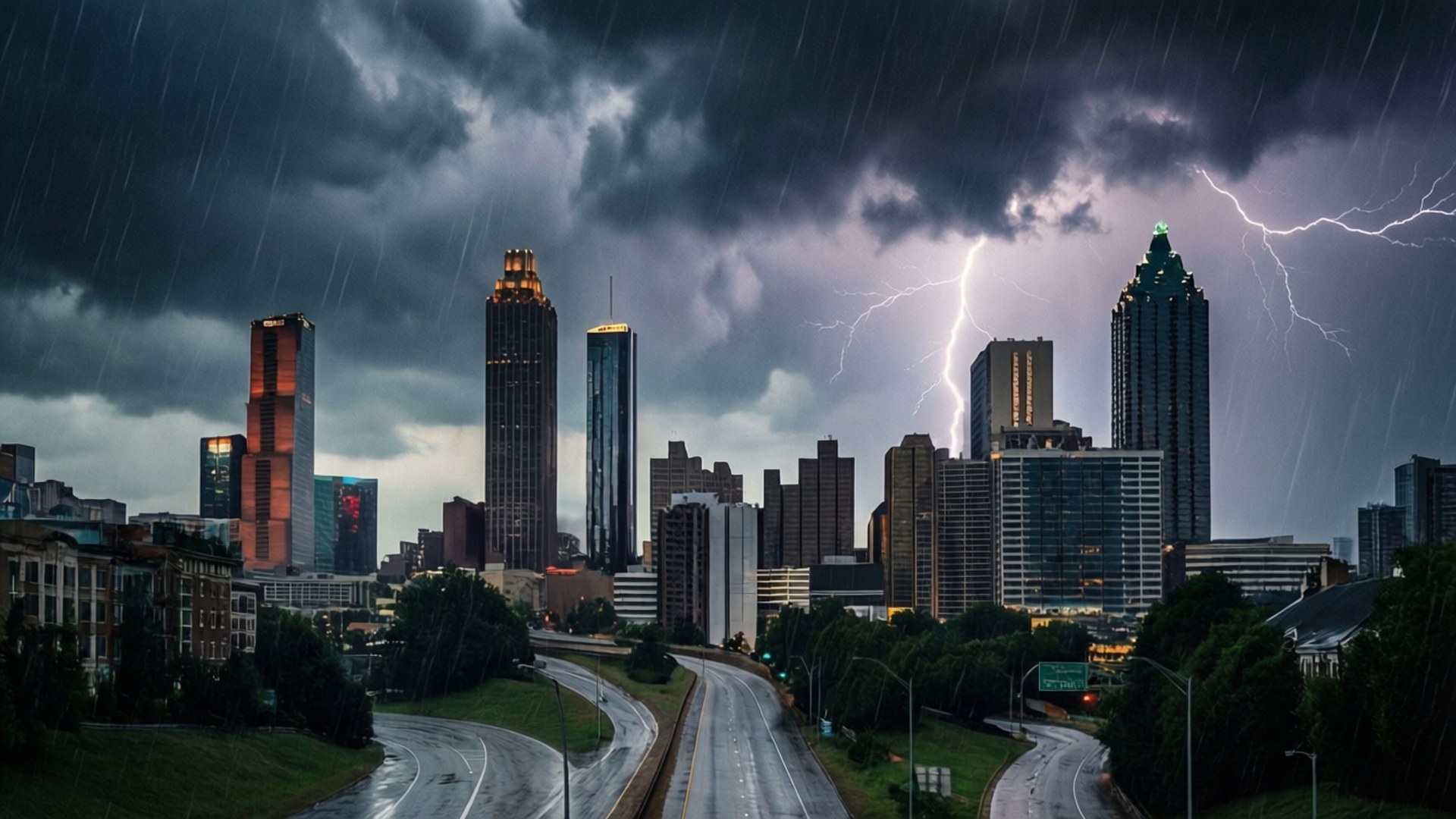 Atlanta, thunderstorm, lightning strike, Full HD Desktop Wallpaper