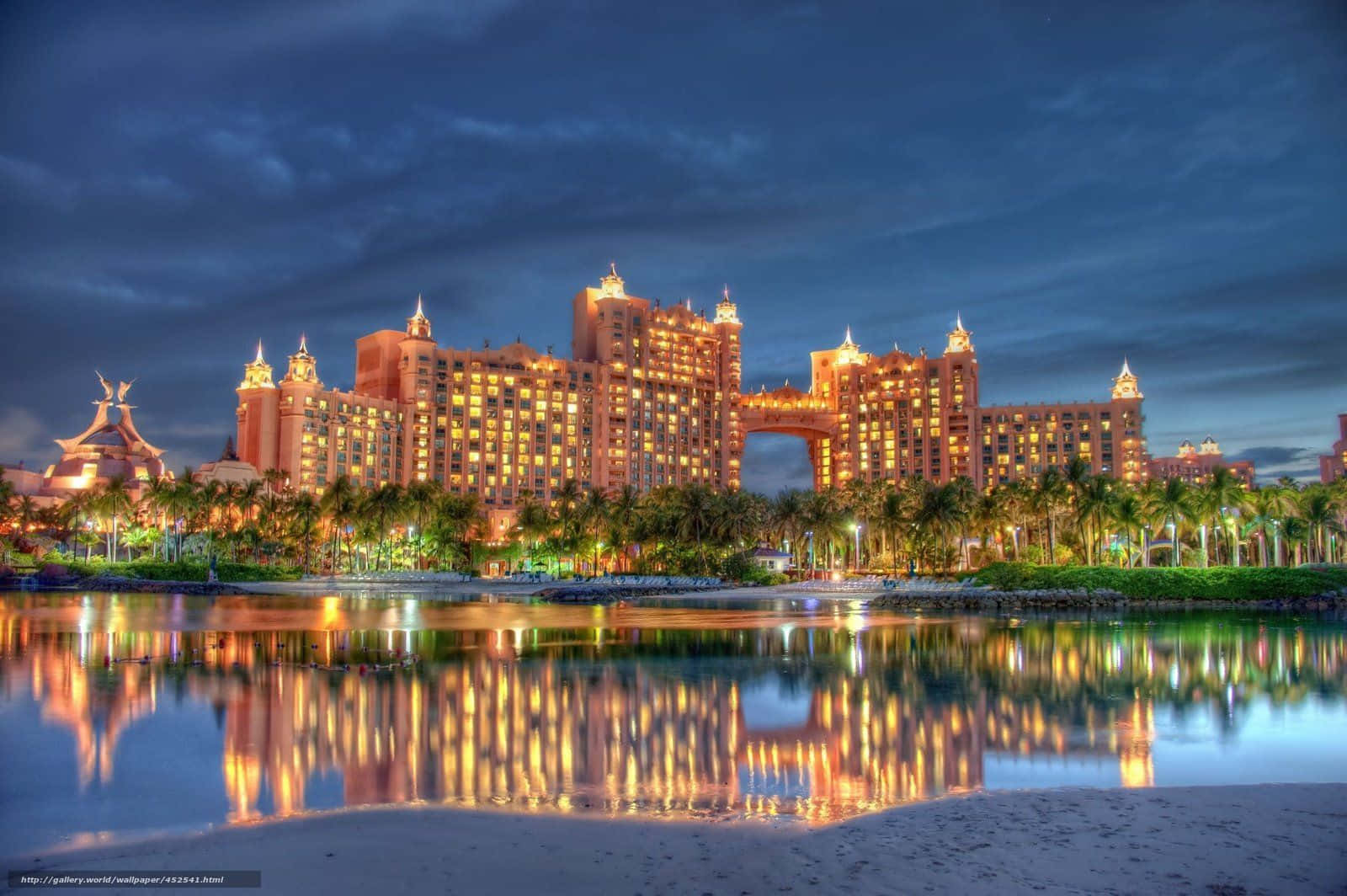 Atlantis Resort, twilight sky, calm water, HD Desktop Wallpaper