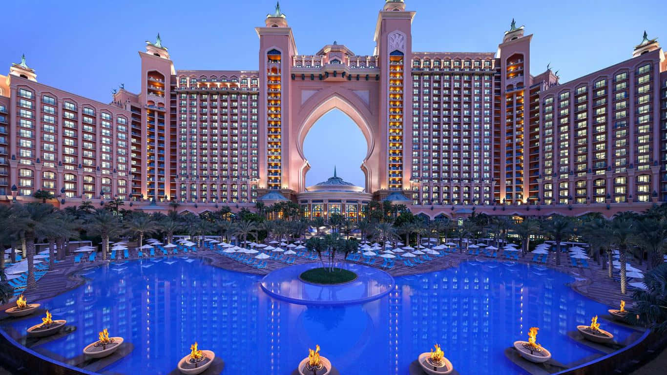 Atlantis Resort, pink hotel, illuminated archway, HD Desktop Wallpaper