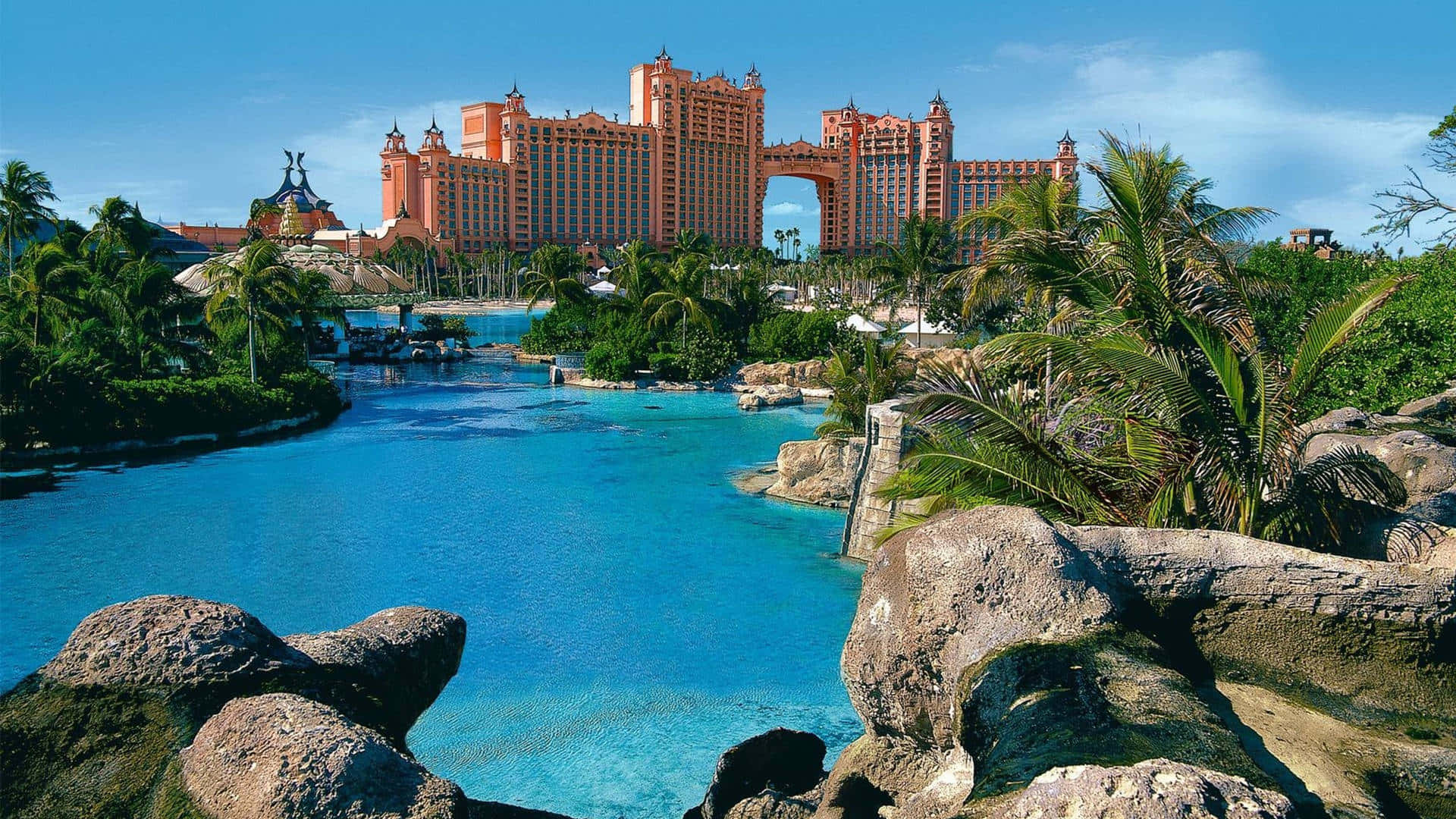 Atlantis Resort, pink resort, turquoise lagoon, Full HD Desktop Wallpaper