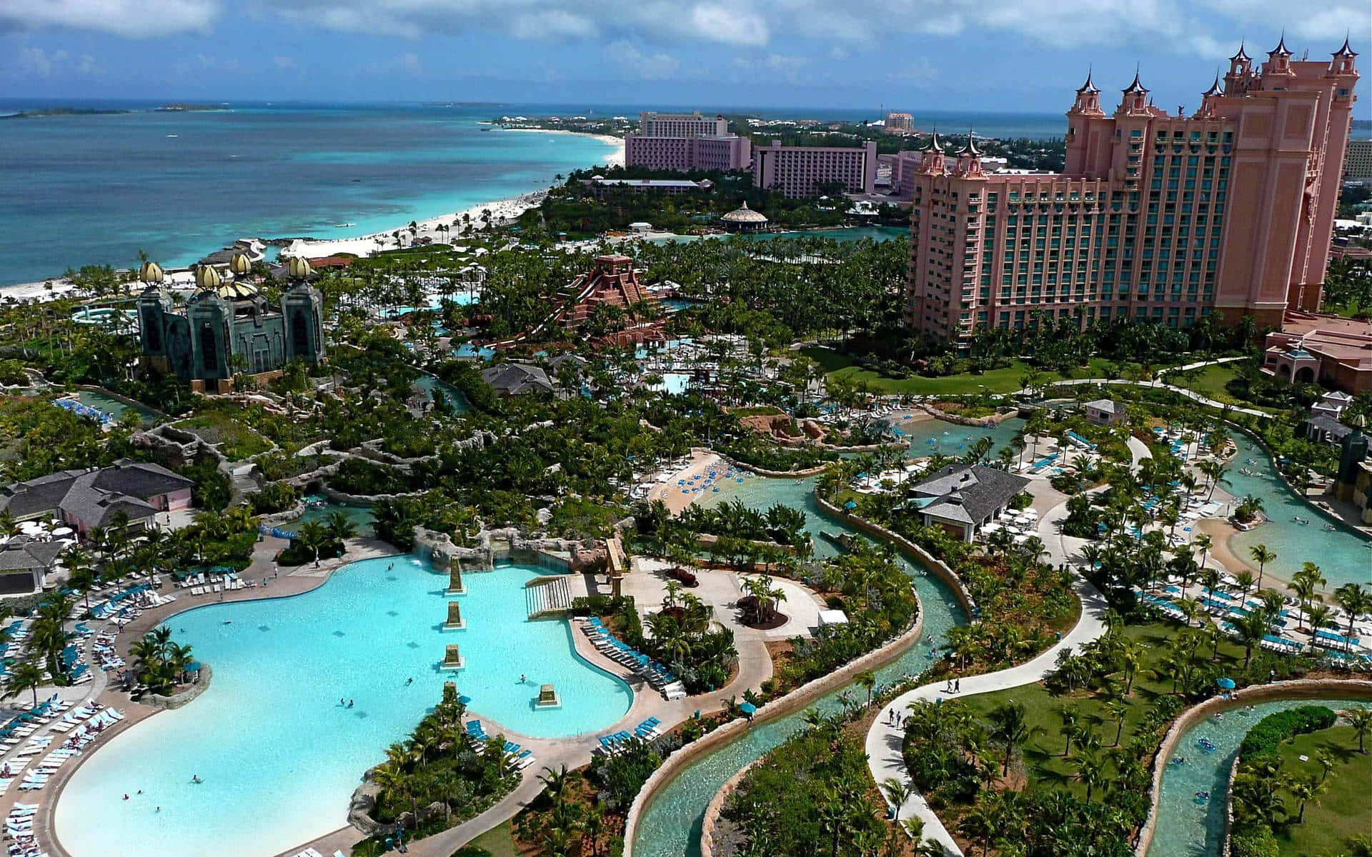 Atlantis Resort, pink resort, turquoise pools, Full HD Desktop Wallpaper