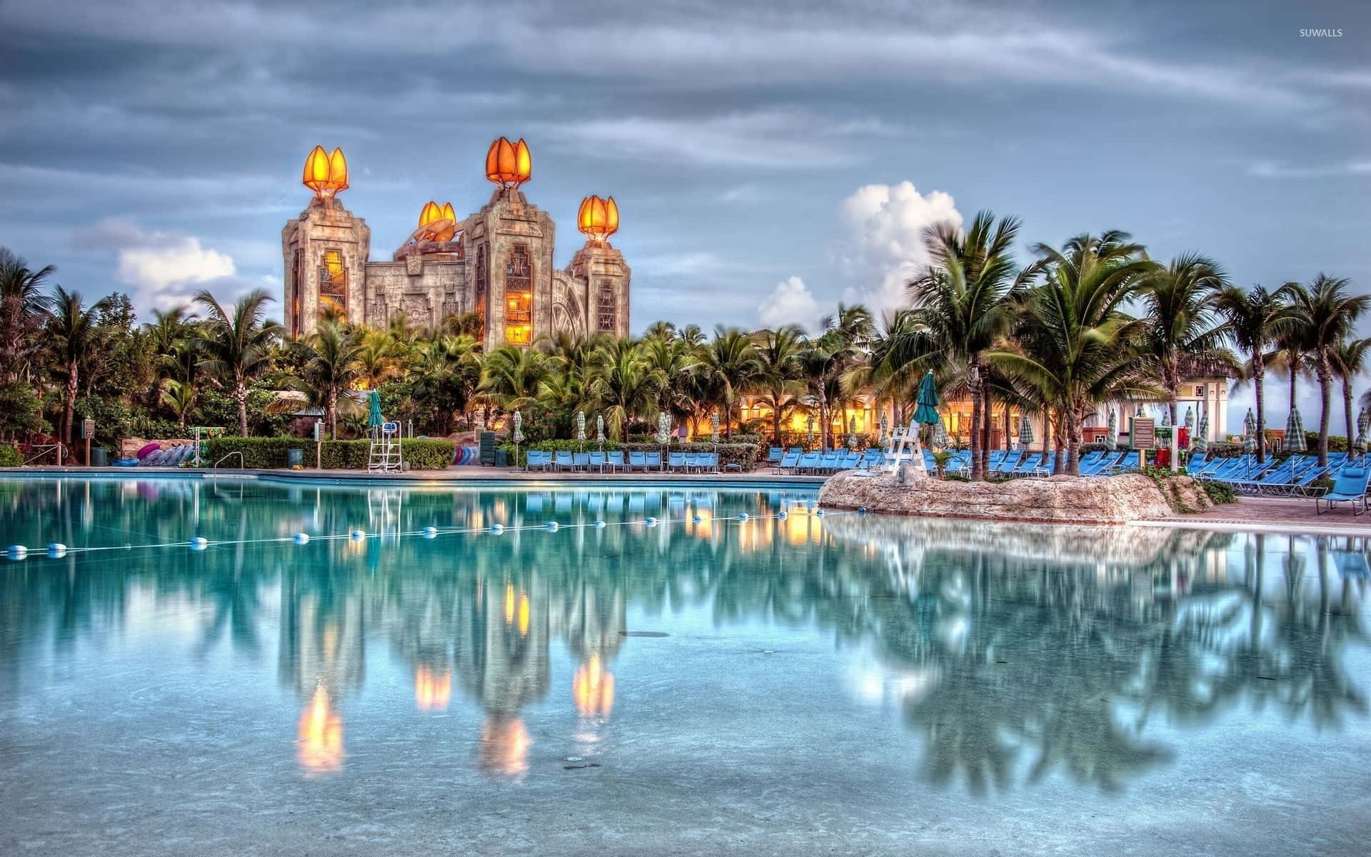 Atlantis Resort, dusk, glowing lanterns, Full HD Desktop Wallpaper
