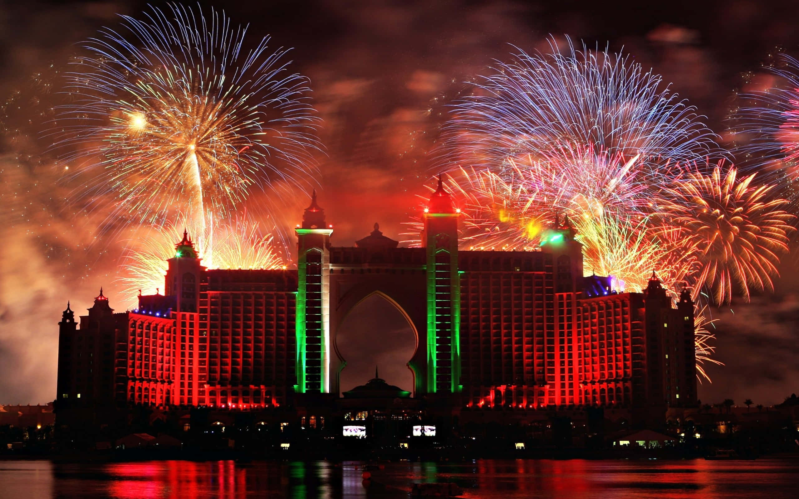 Atlantis Resort, fireworks, vibrant colors, 2K Desktop Wallpaper