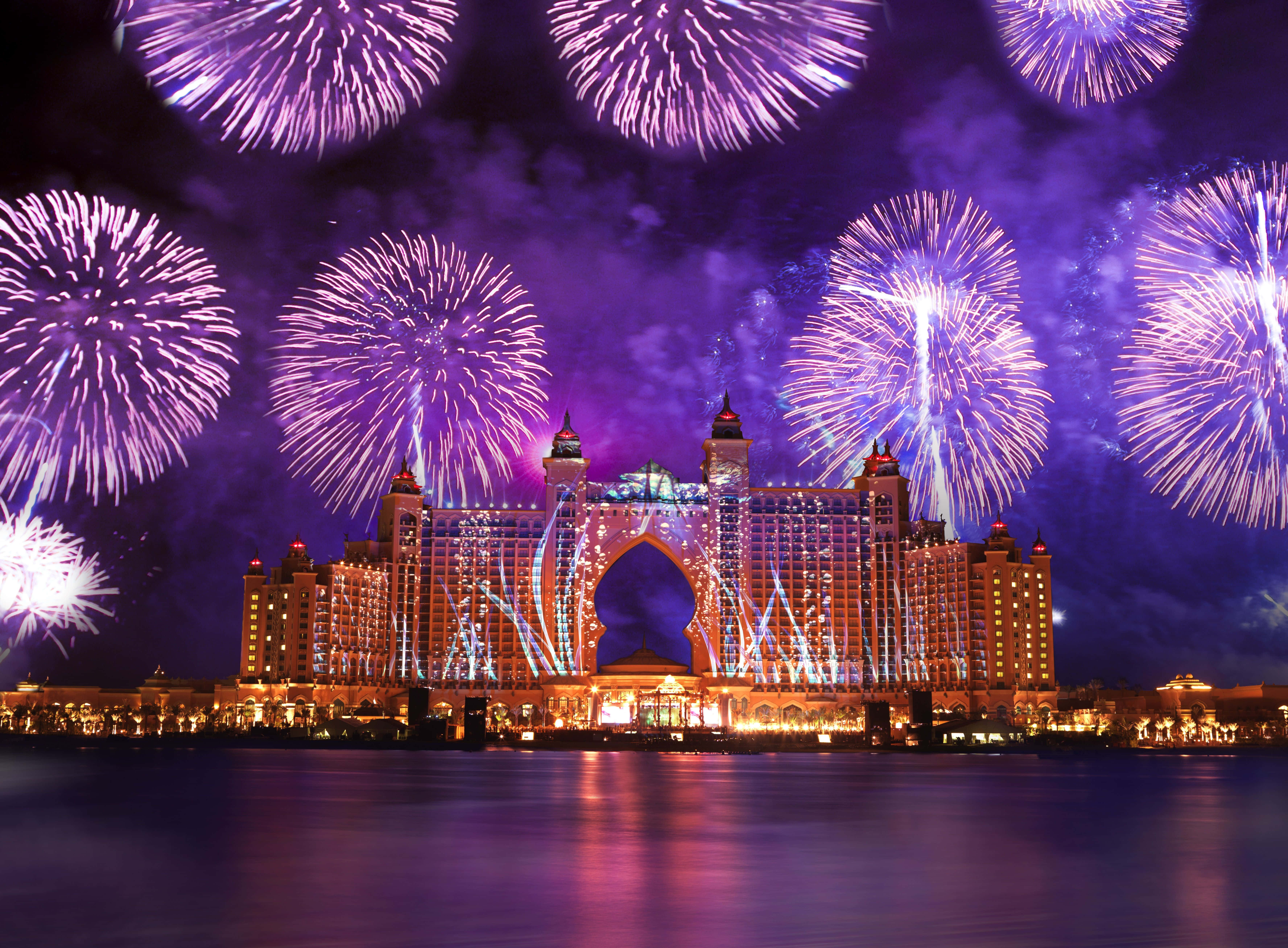 Atlantis Resort, purple fireworks, iconic arch, 5K Desktop Wallpaper