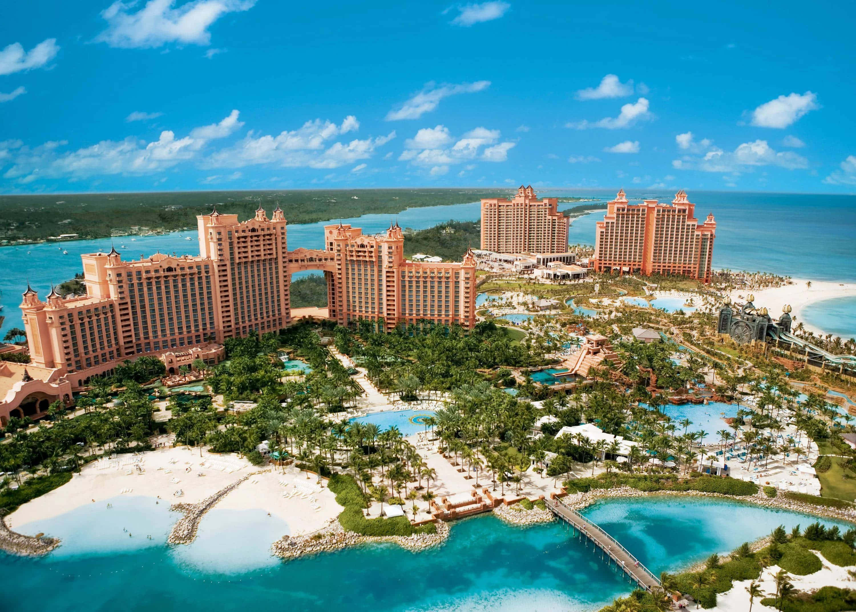 Atlantis Resort, pink resort complex, turquoise pools, 2K Desktop Wallpaper