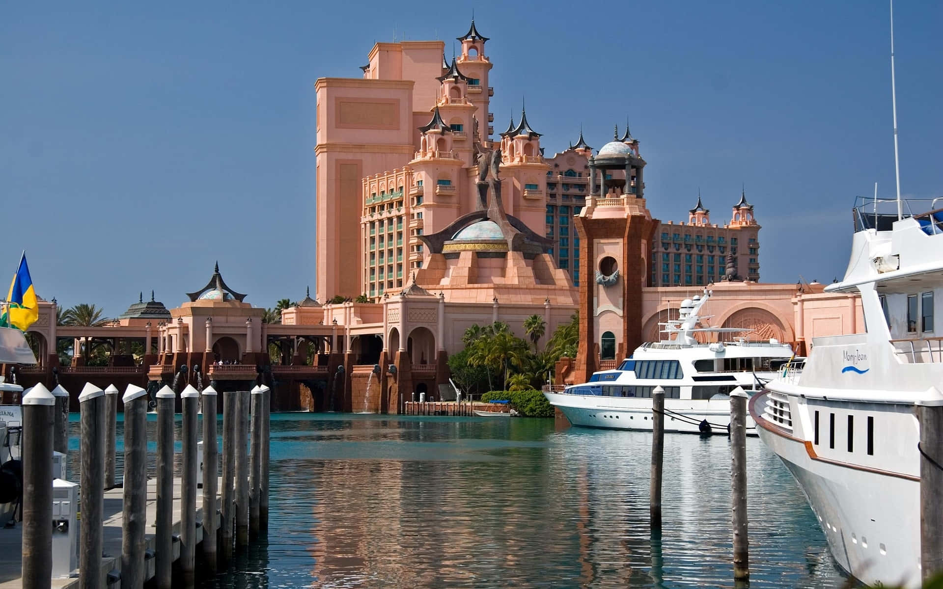 Atlantis Resort, pink resort castle, marina, Full HD Desktop Wallpaper
