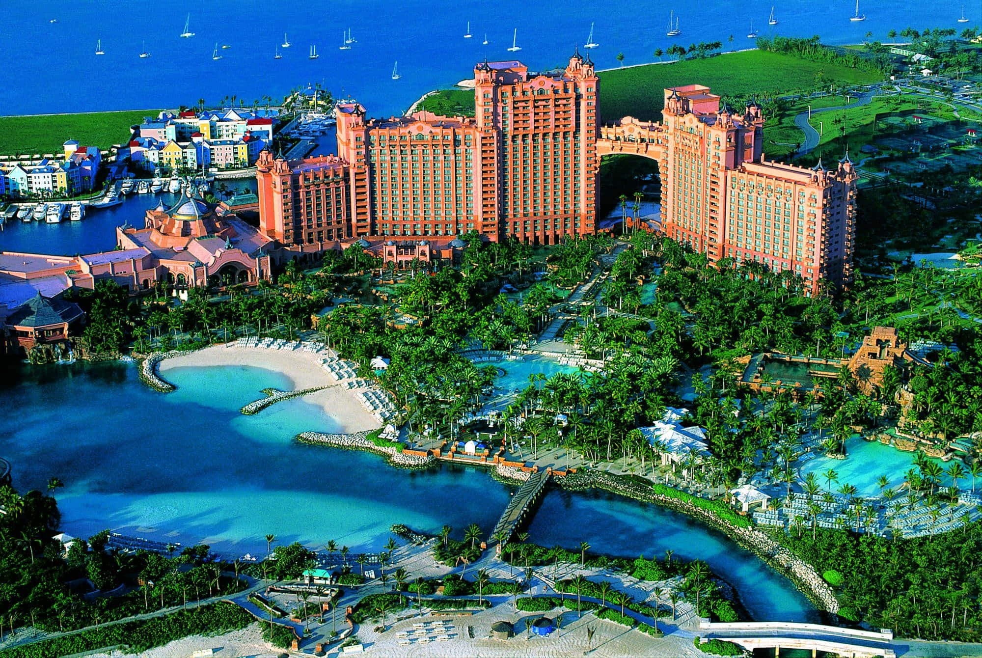 Atlantis Resort, pink resort, turquoise lagoons, Full HD Desktop Wallpaper