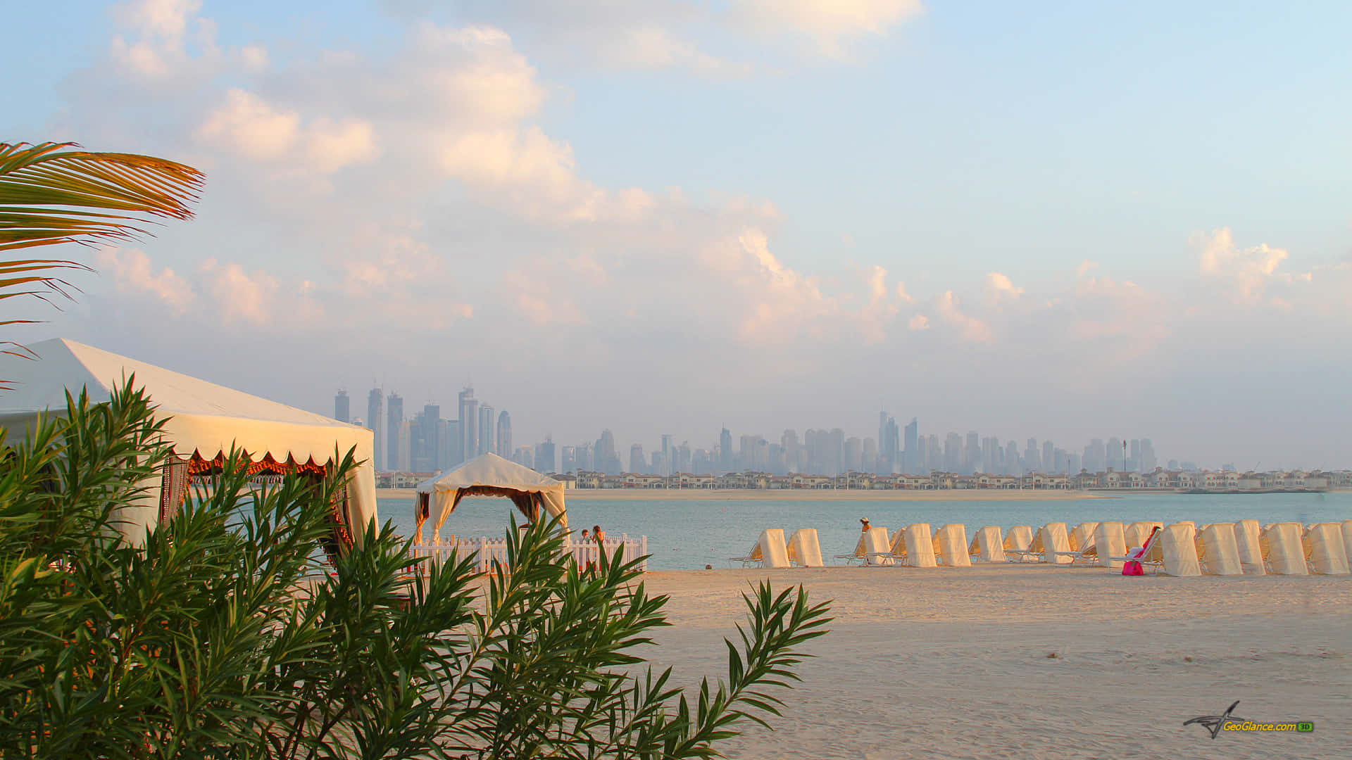 Atlantis Resort, palm fronds, modern city skyline, Full HD Desktop Wallpaper