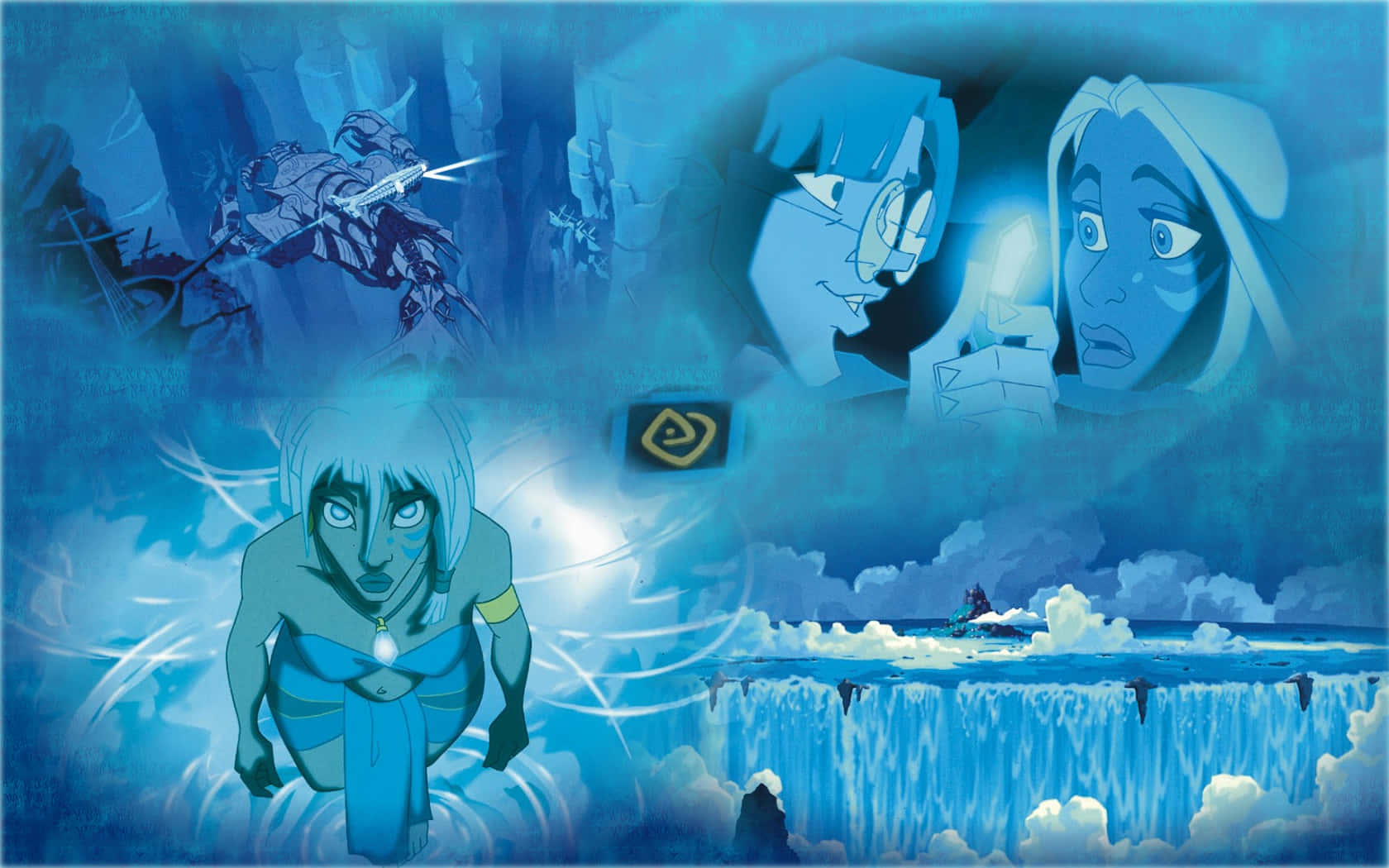 Atlantis the lost empire, blue-toned, central figure emerging from water, HD Desktop Wallpaper