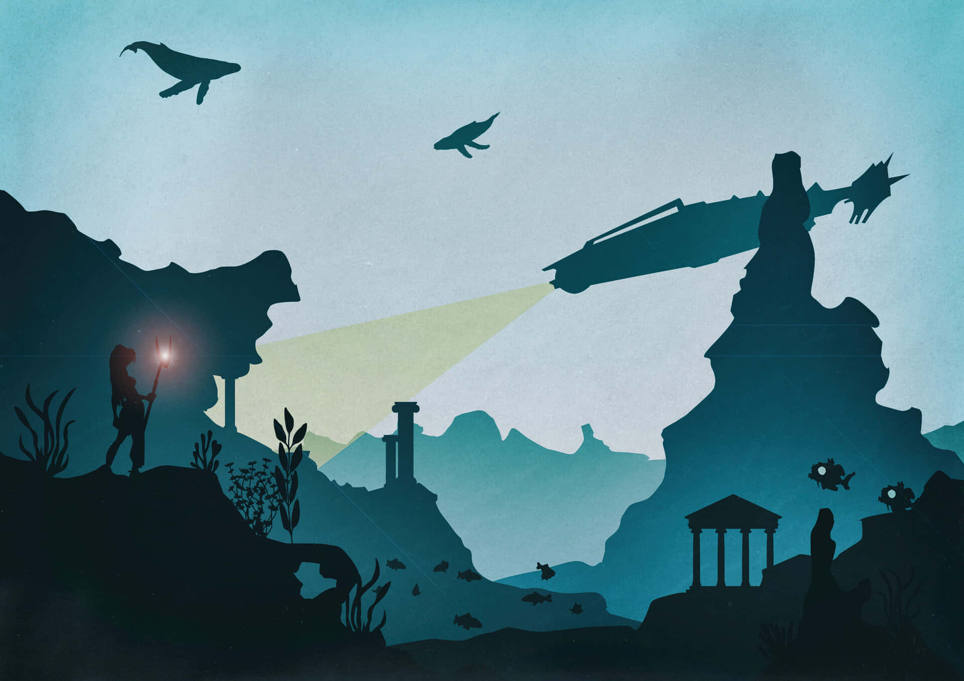 Atlantis the lost empire, underwater civilization, glowing torch, Full HD Desktop Wallpaper